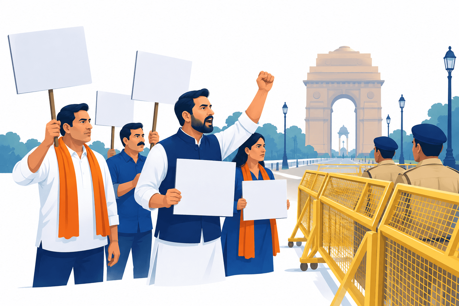 Illustration of a Delhi BJP protest with blank placards and a police barricade