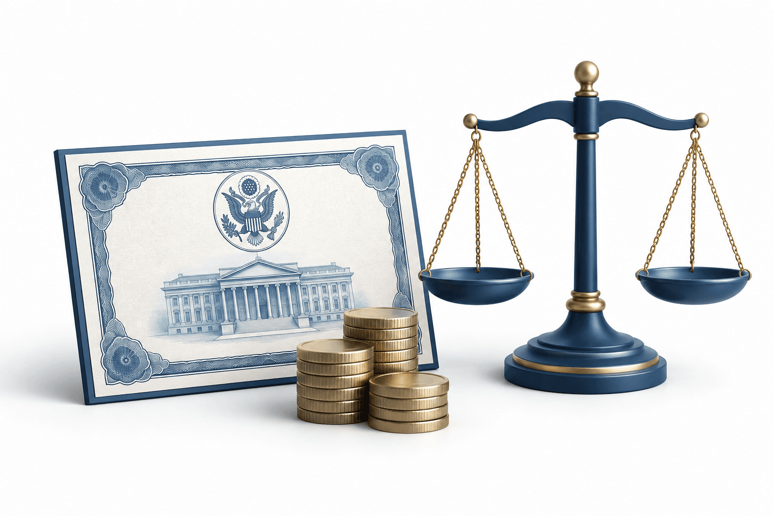 Illustration of a certificate, coins and a scale representing the five-year note auction