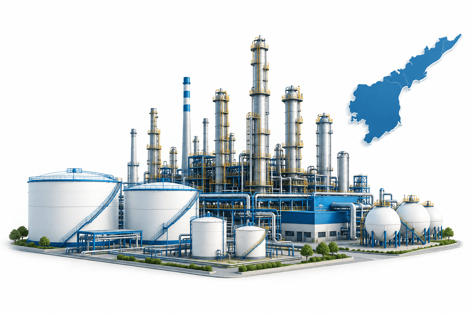 Concept illustration of a BPCL refinery and petrochemical complex on a white background