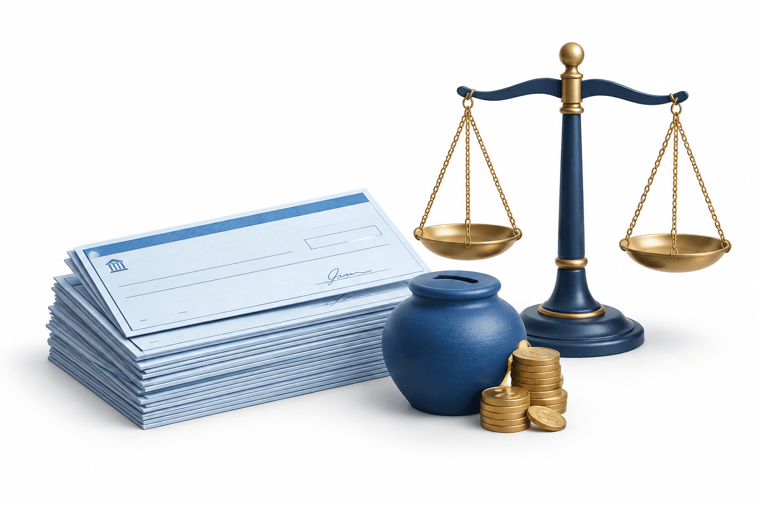 Illustration of cheques, savings and a justice scale representing the chit fund ruling