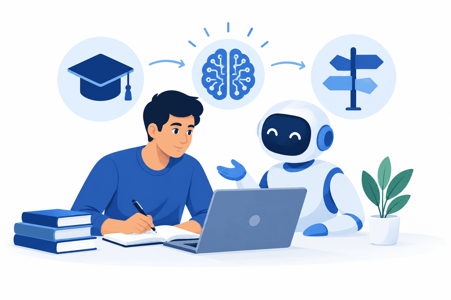 Illustration of a young professional learning alongside an AI assistant, representing AI and entry-level jobs.