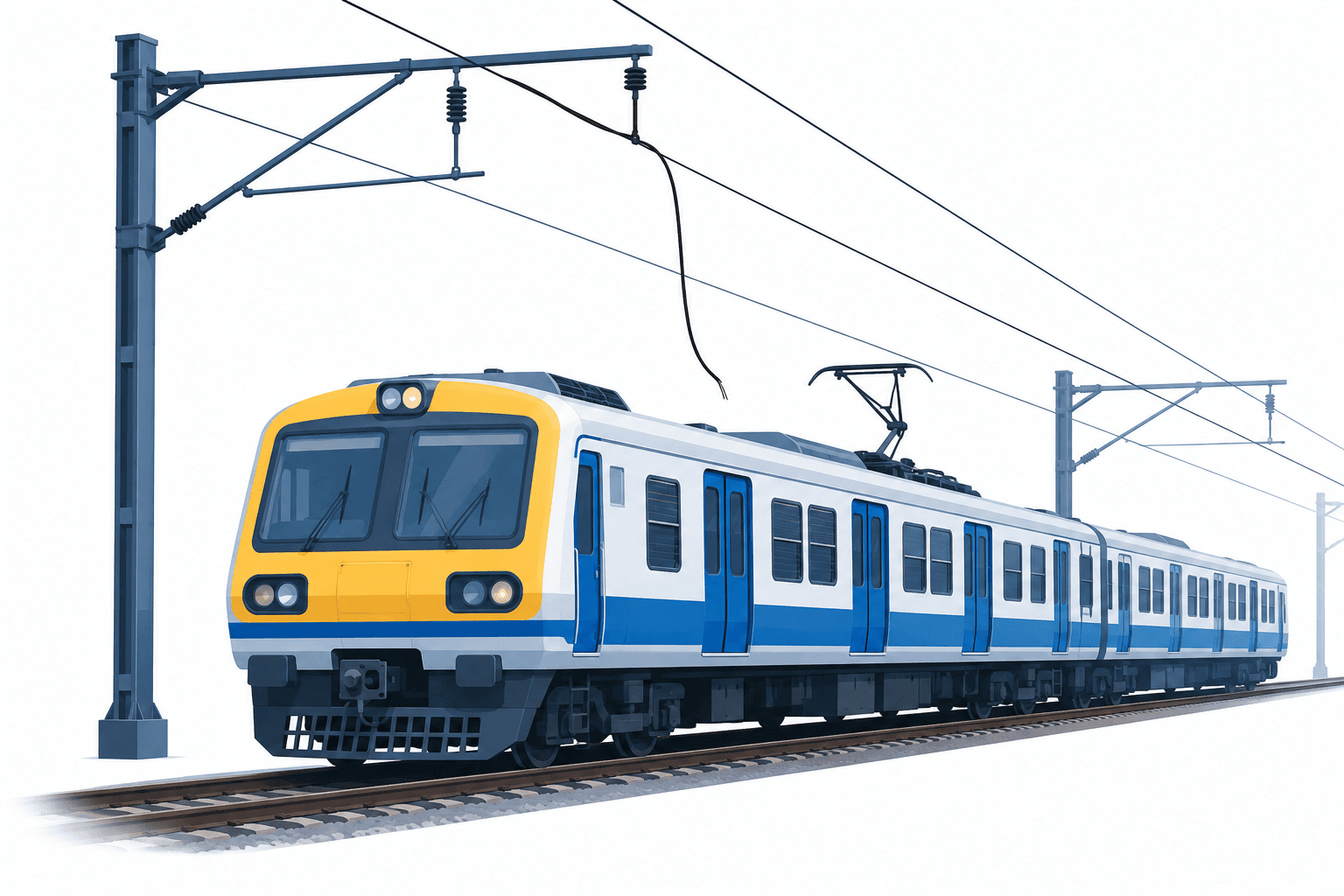 Illustration of Mumbai local trains and a loose overhead wire