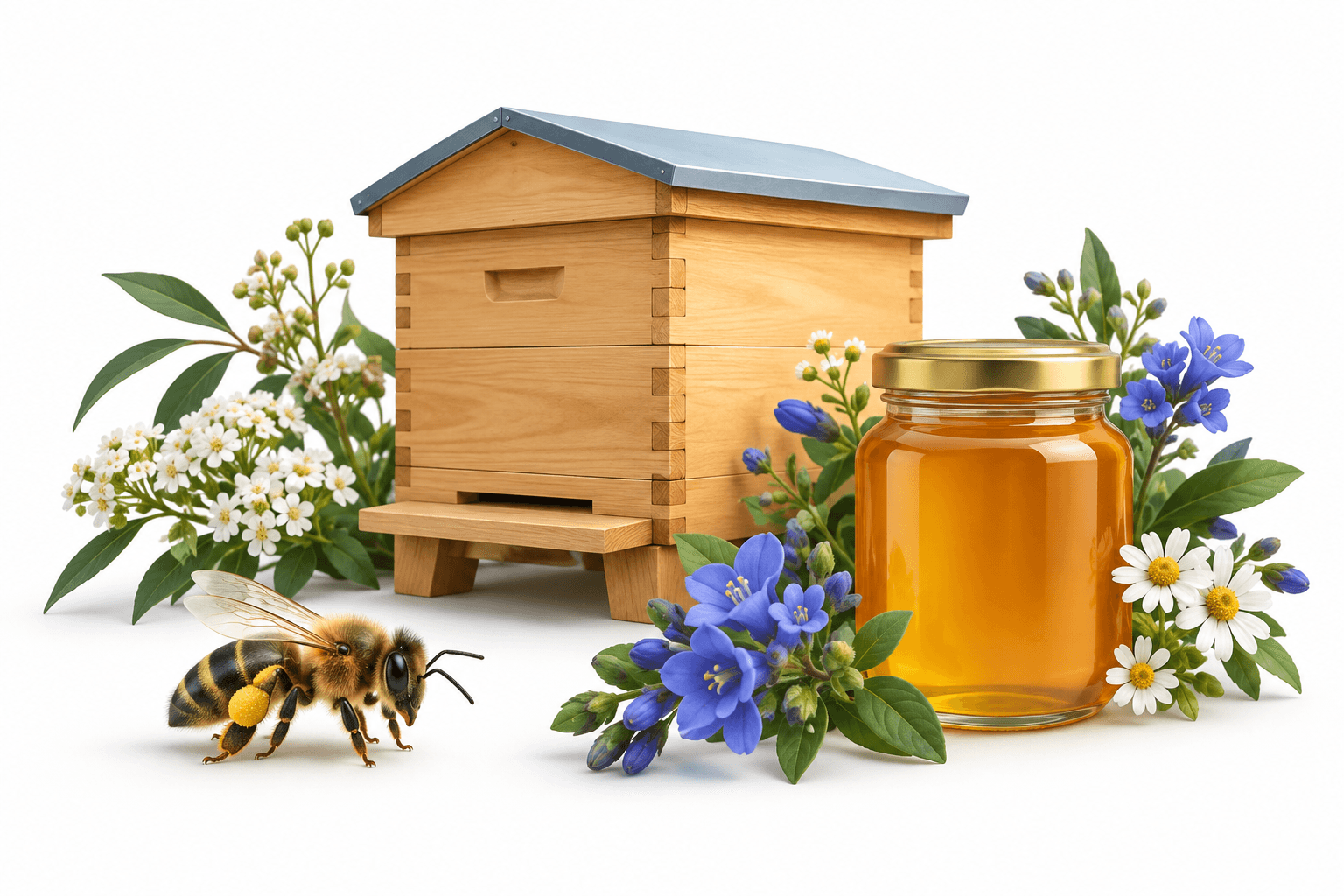 Bee conservation illustration with a native bee, hive, flowers and honey jar