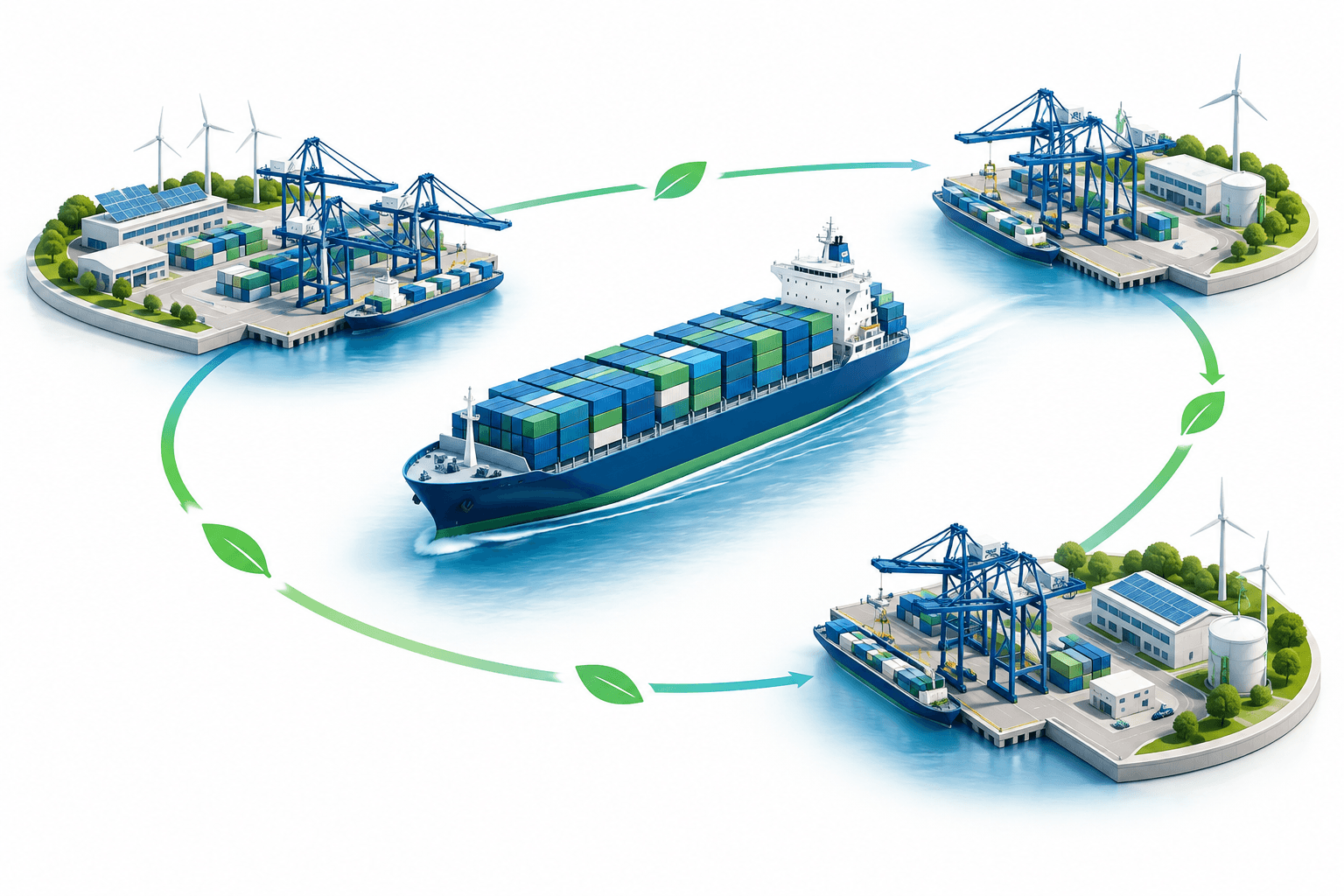 Illustration of a container ship and port terminals representing the Shanghai shipping forum