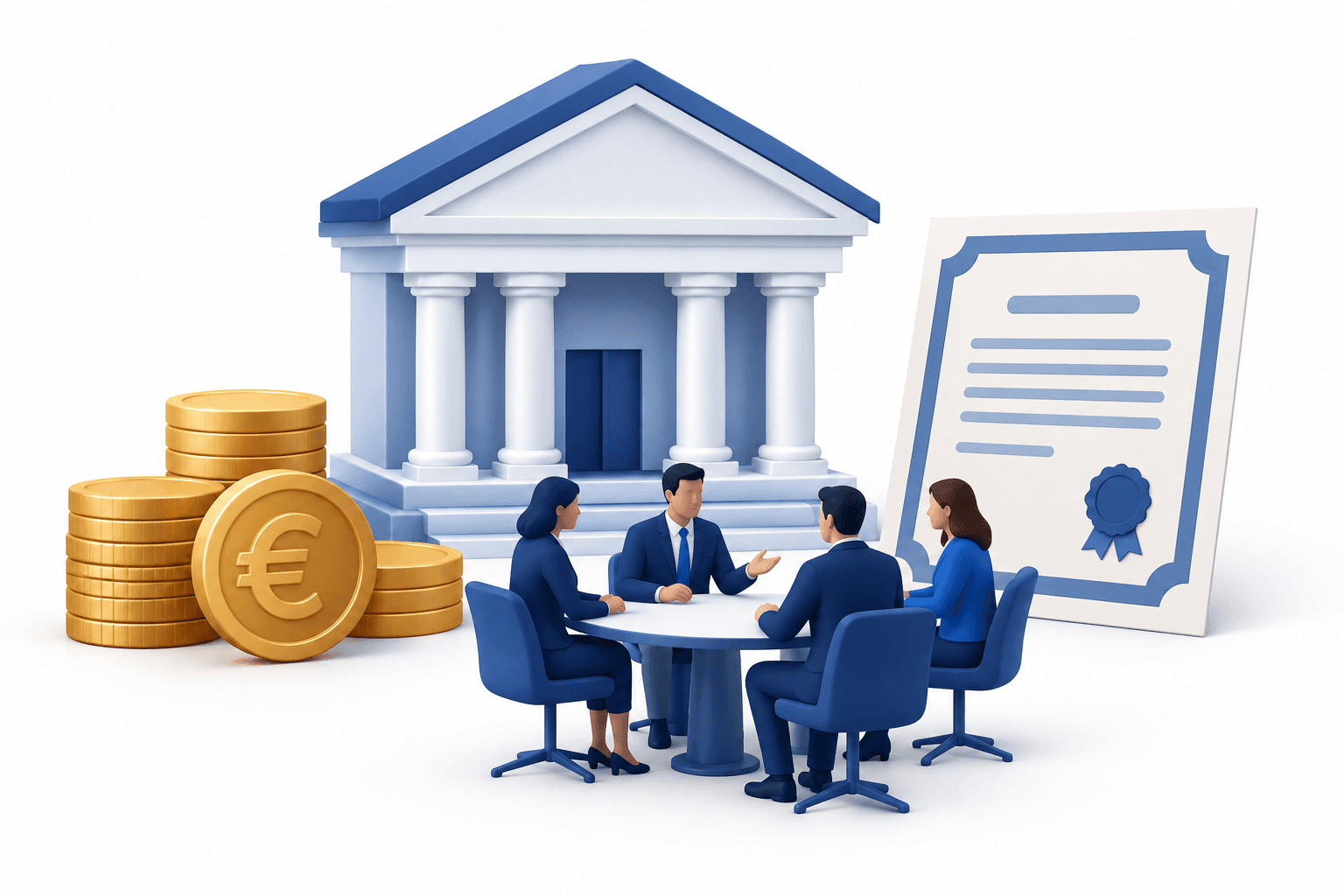 Illustration of Multitude Bank bonds represented by a bank, euro coins and an unmarked document