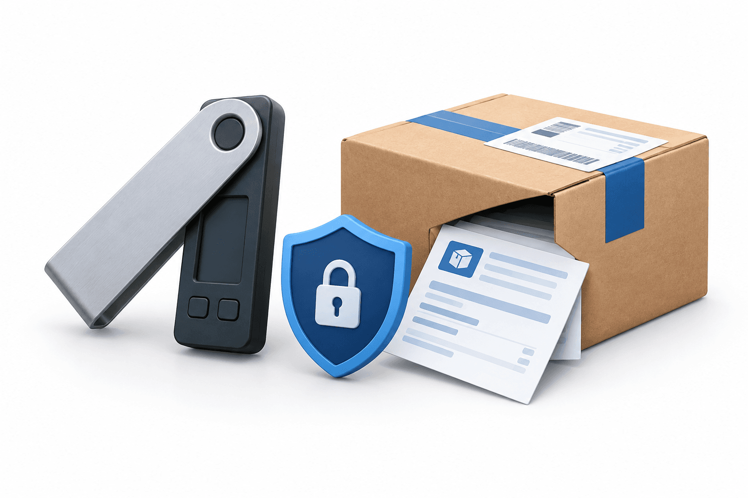 Illustration of a hardware wallet and shipping parcel representing the Keystone wallet breach
