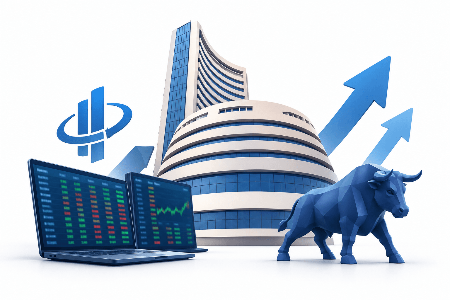 Concept illustration of an exchange building and trading terminals representing BSE shares
