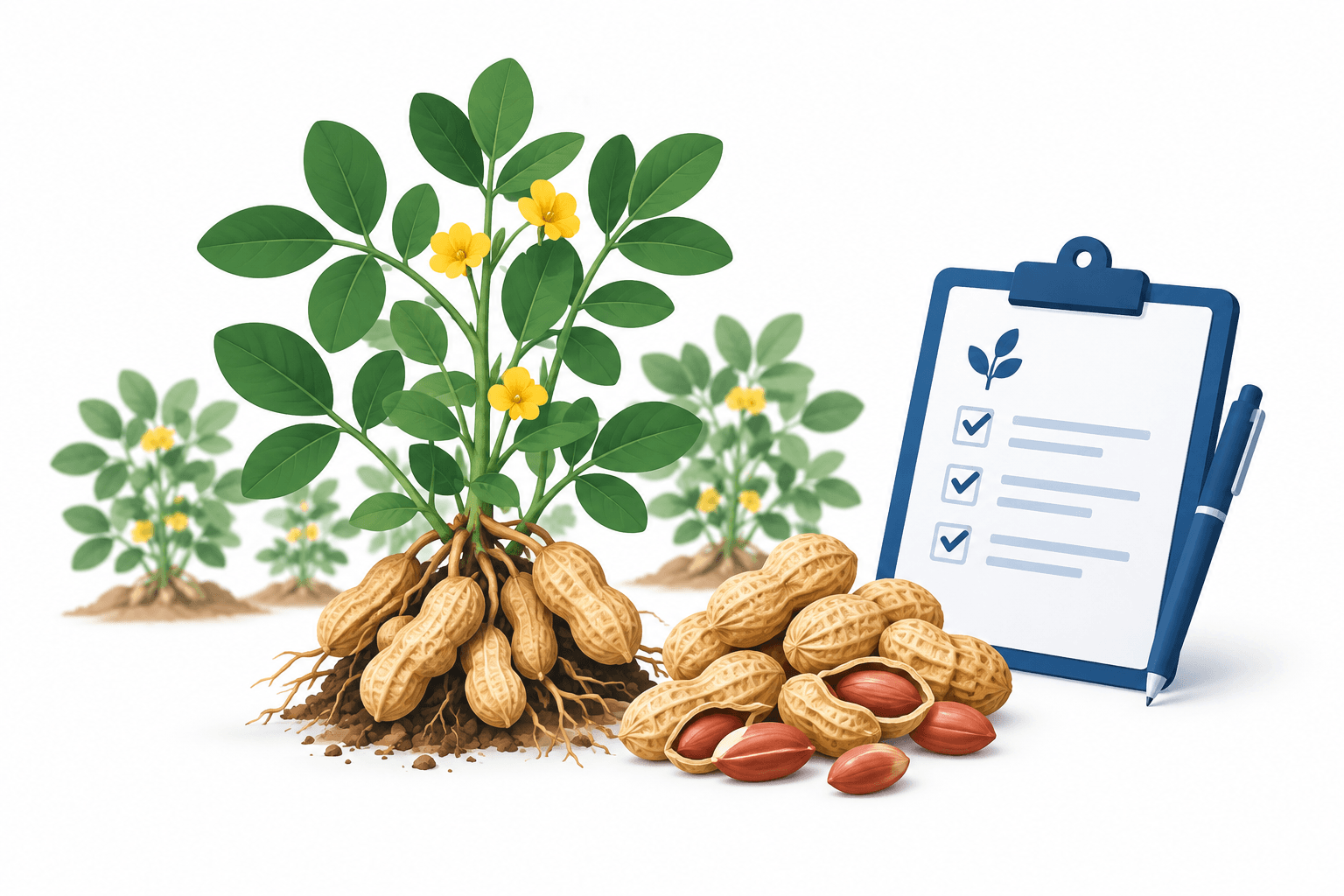 Illustration of groundnut plants and a survey clipboard representing the Gujarat groundnut crop