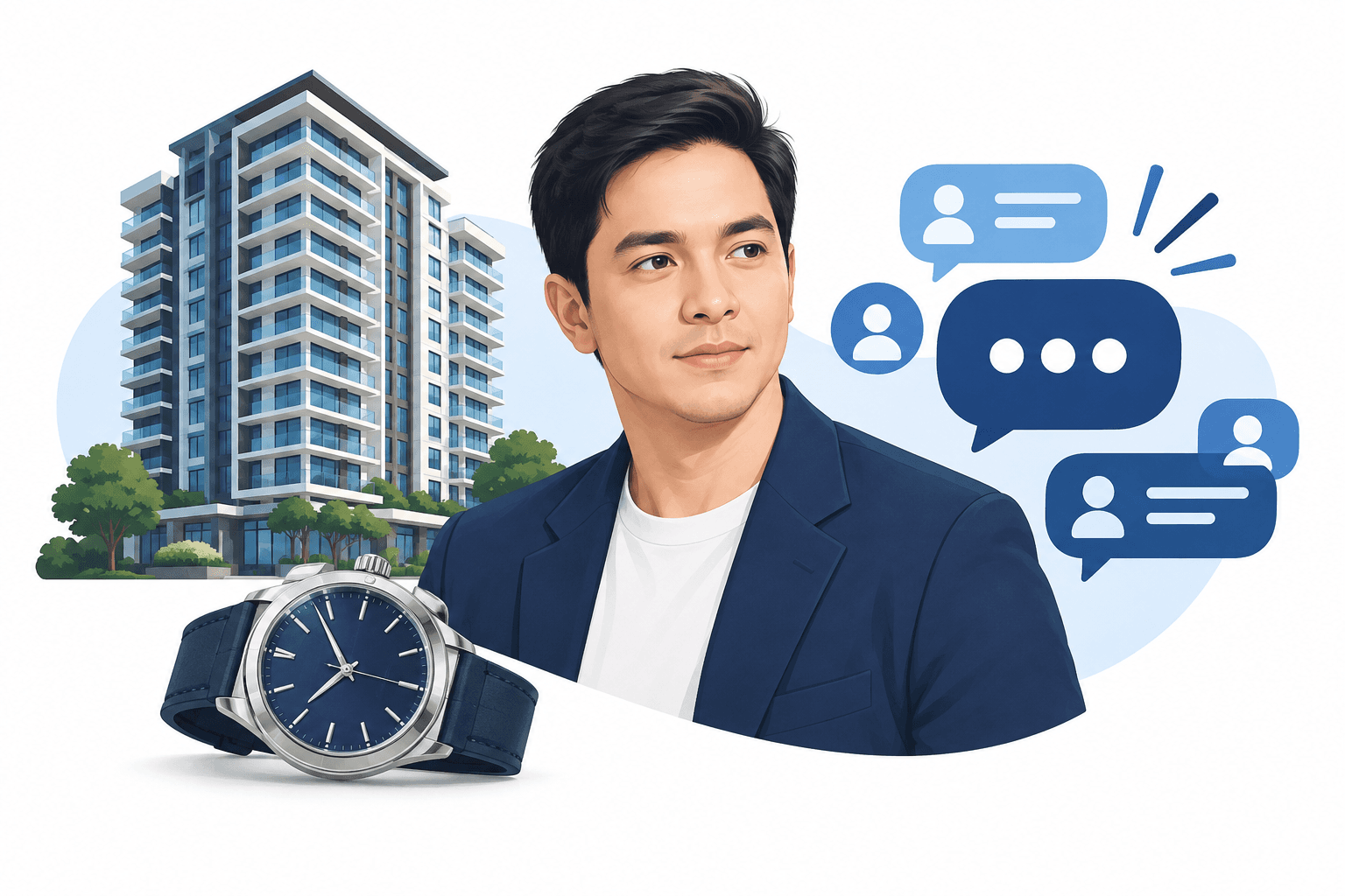 Concept illustration of a condominium, watch and online discussion relating to Alden Richards