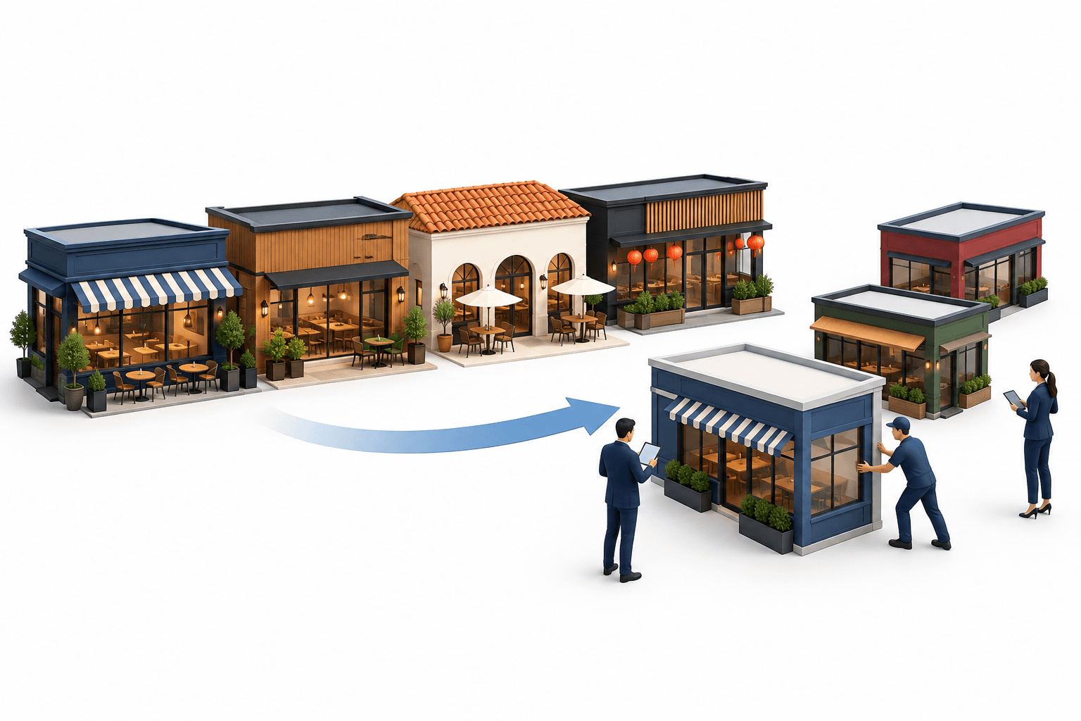 Illustration of restaurant storefront models representing Speciality Restaurants expansion