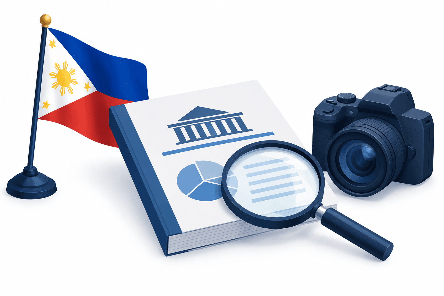 Illustration of Philippines budget scrutiny with a flag, documents and a magnifying glass