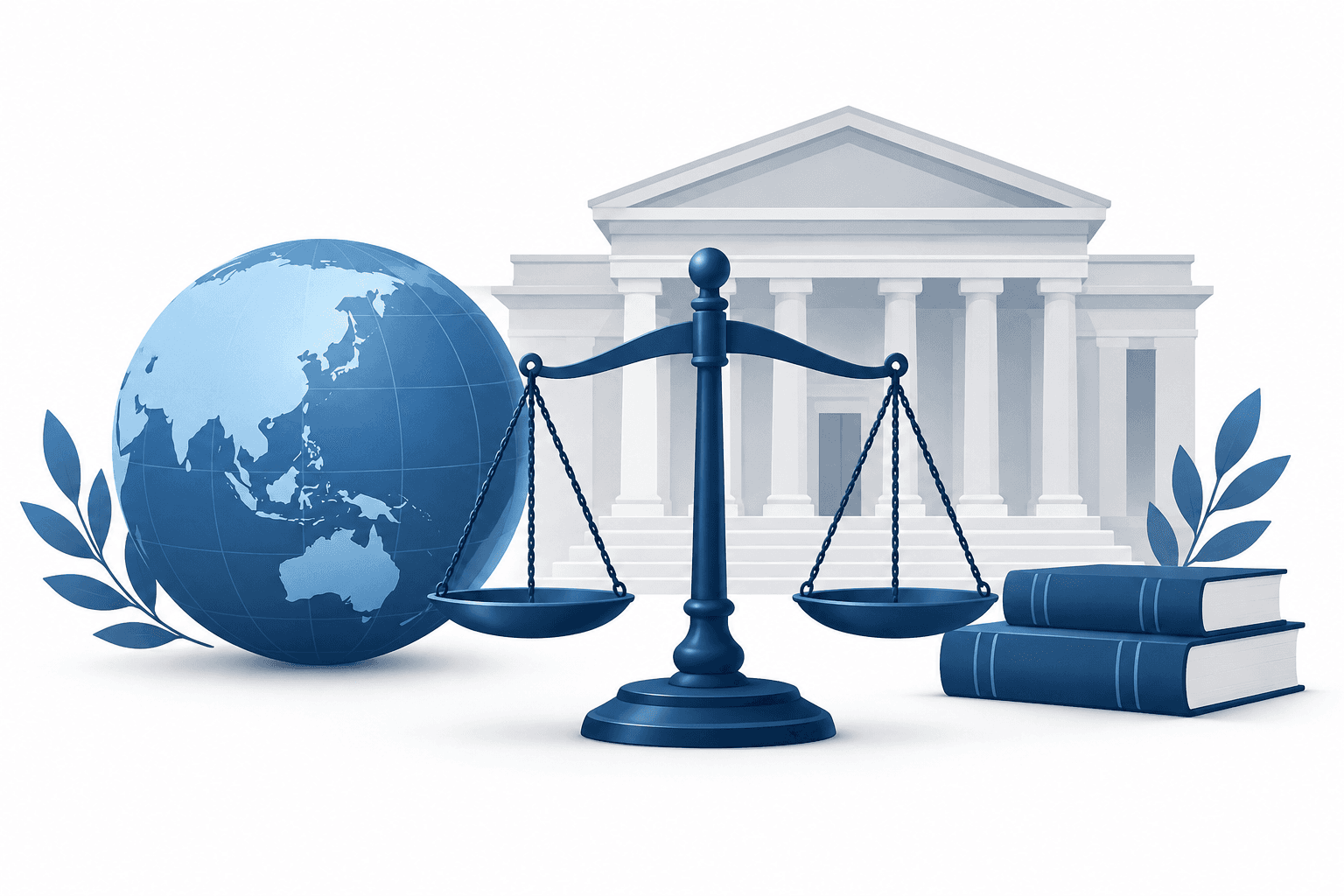 Illustration of a globe, courthouse and scales representing the Dela Rosa warrant