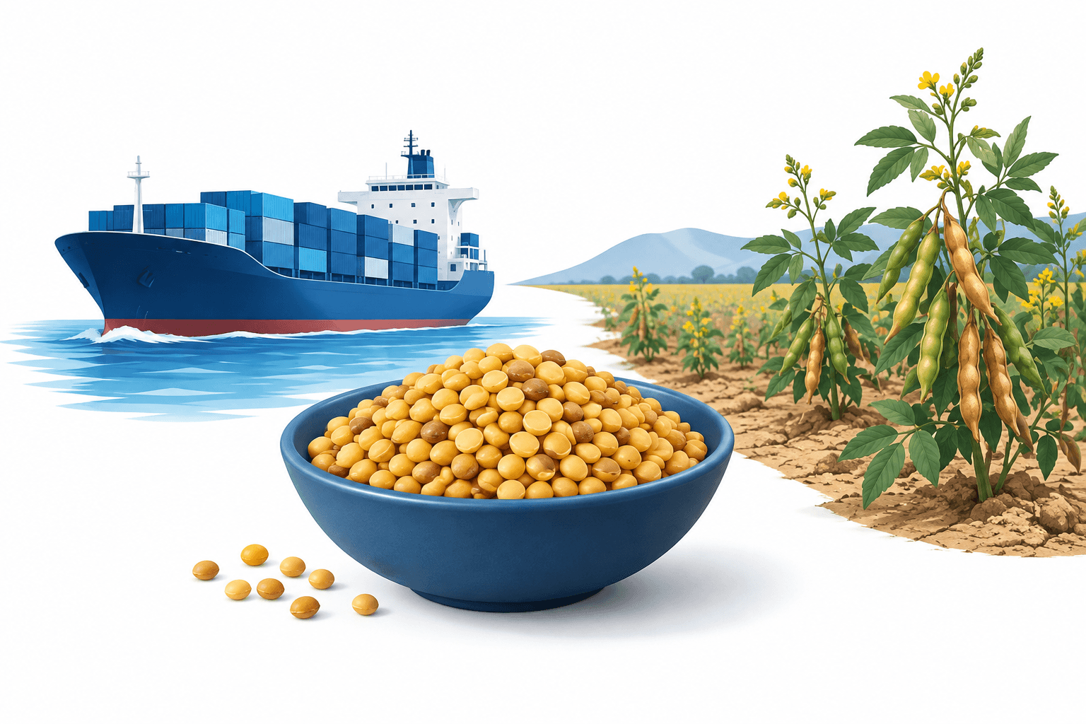 Illustration of pigeon peas, a cargo vessel and a dry field representing India tur imports
