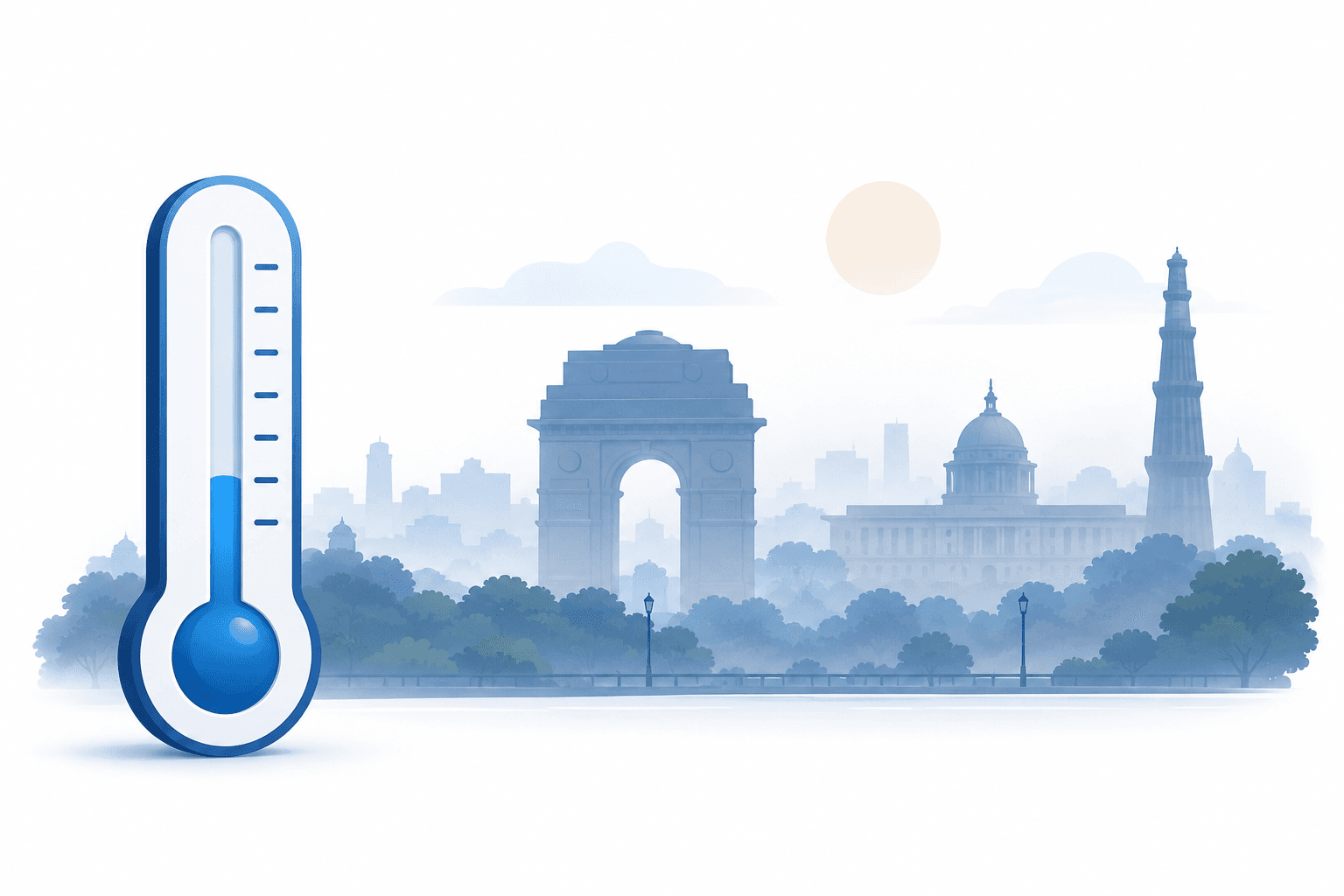 Illustration of a thermometer and hazy skyline representing Delhi temperature and air quality