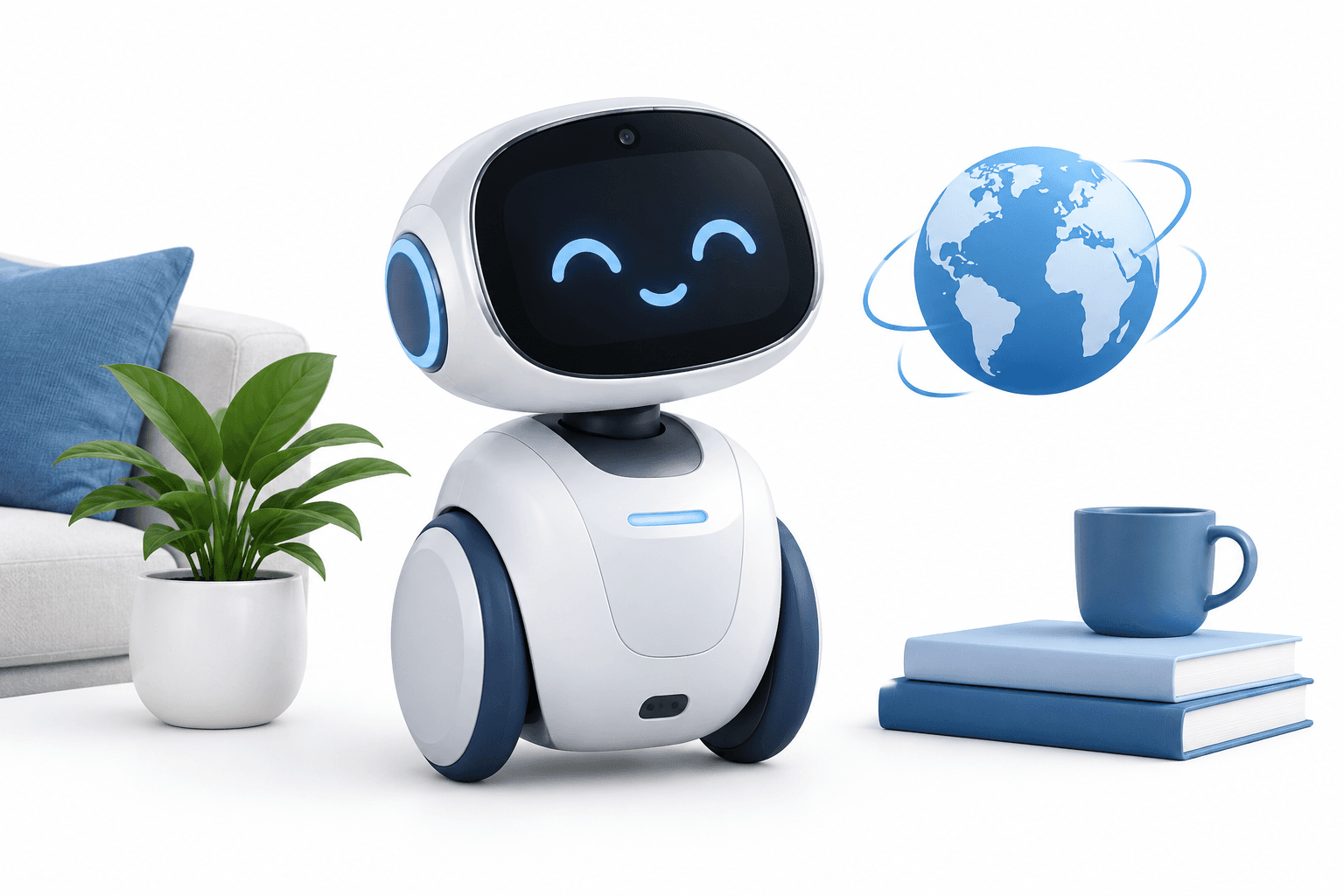 Concept illustration of a Mobo robot and household objects beside a small globe