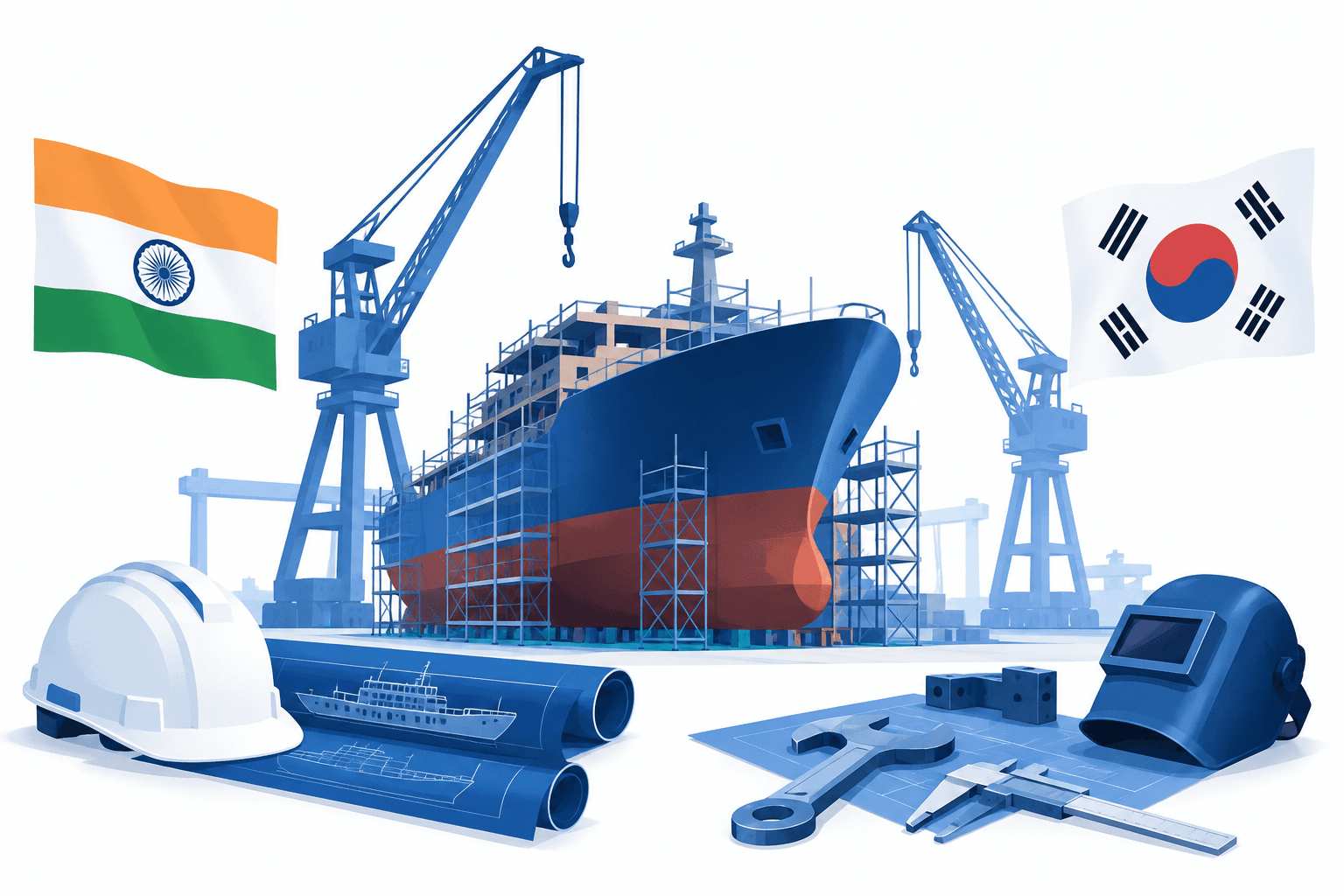 Concept illustration of India shipbuilding cooperation with a ship and shipyard cranes