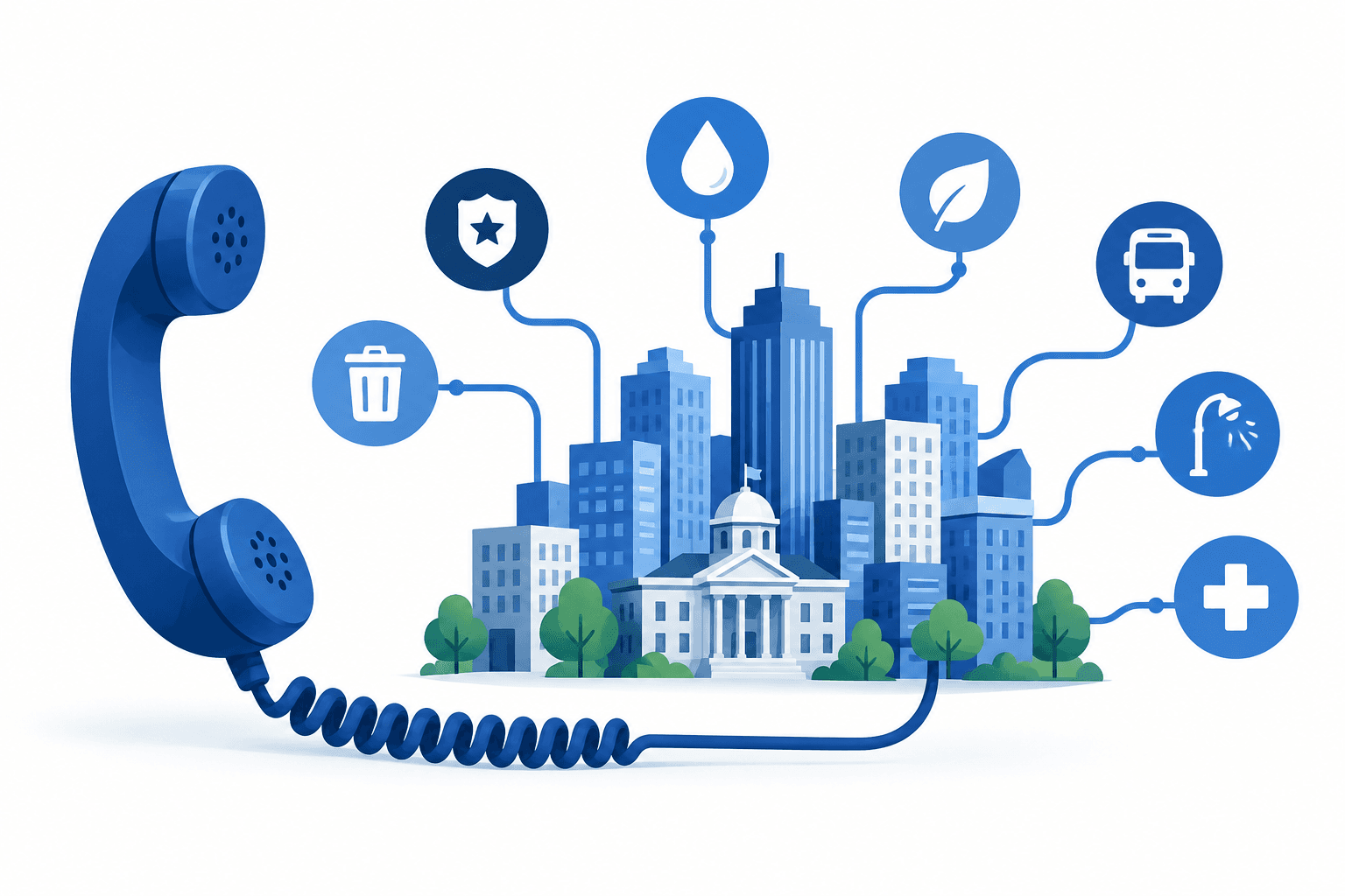 City hotline reports illustrated by a handset connecting civic services and city buildings