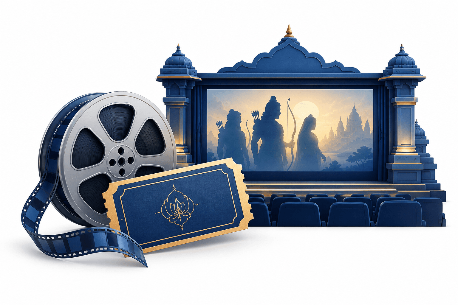 Cinema ticket and film reel illustration representing Ramayana advance bookings