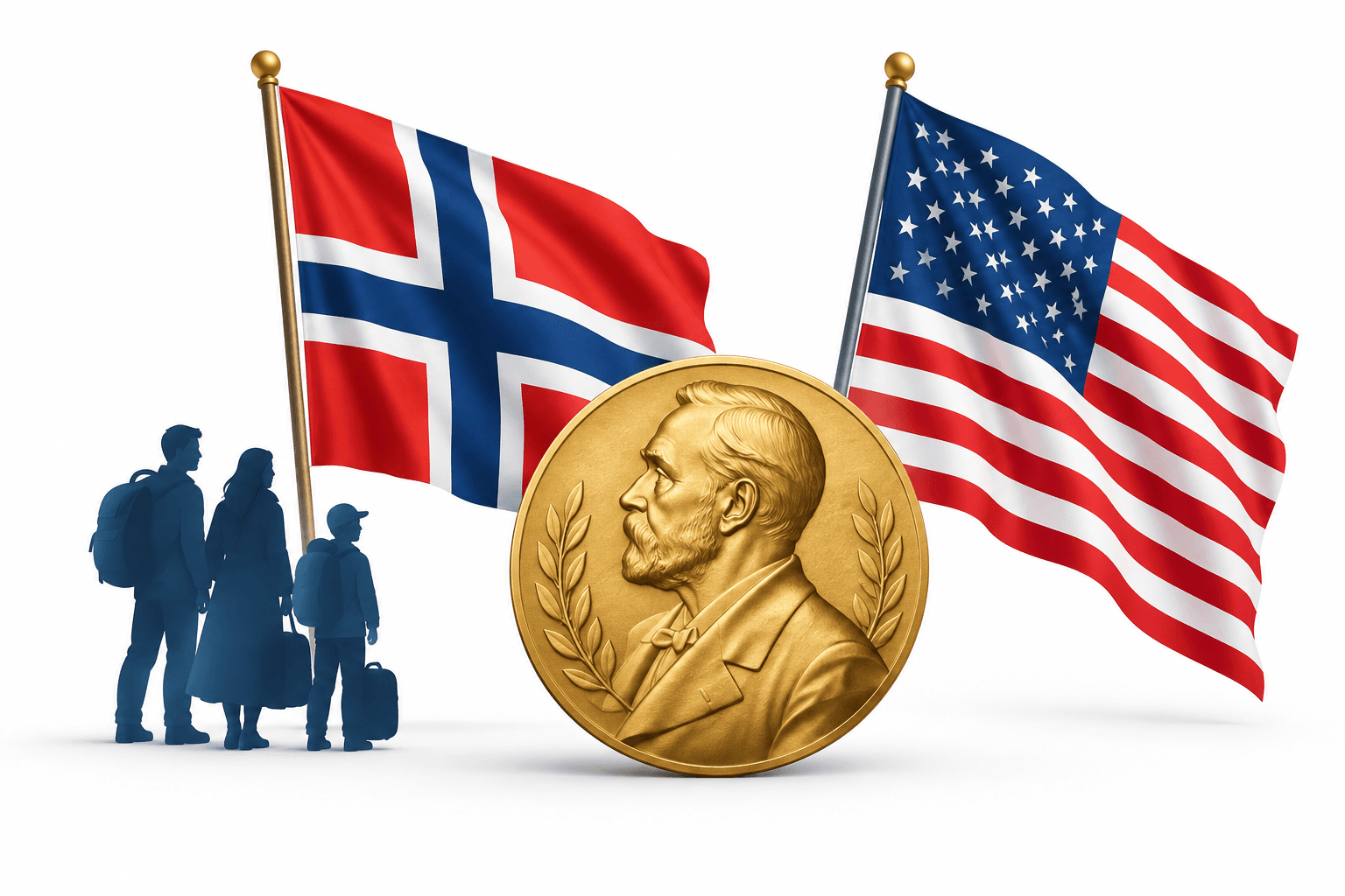Illustration of Norwegian and US flags with a medal representing remarks about Norwegian immigrants and the Nobel Prize