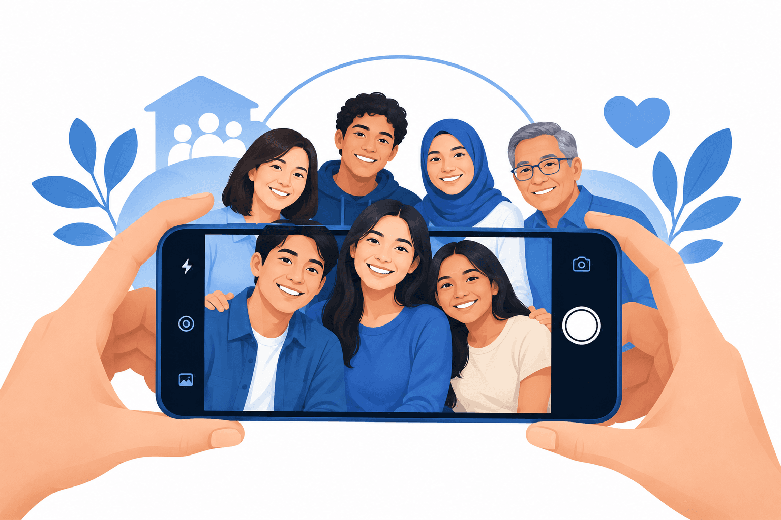 Illustration of a smartphone photographing a group for the TECNO portrait gallery