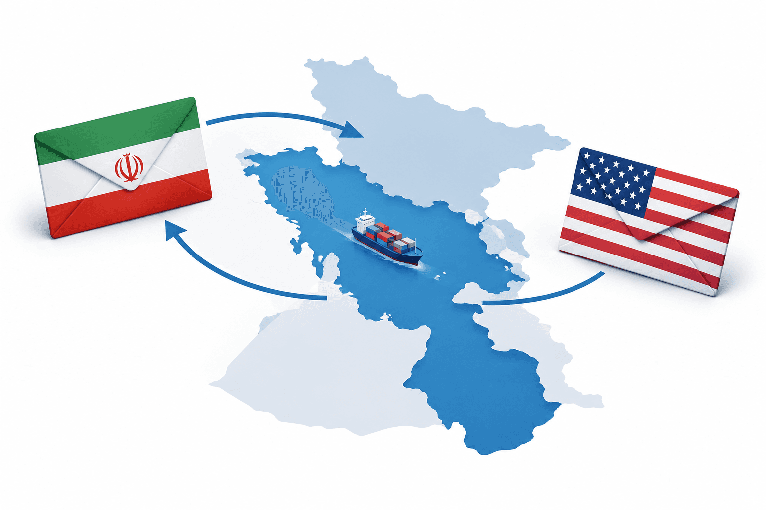 Illustration of Iran diplomacy messages and a commercial ship near the Strait of Hormuz