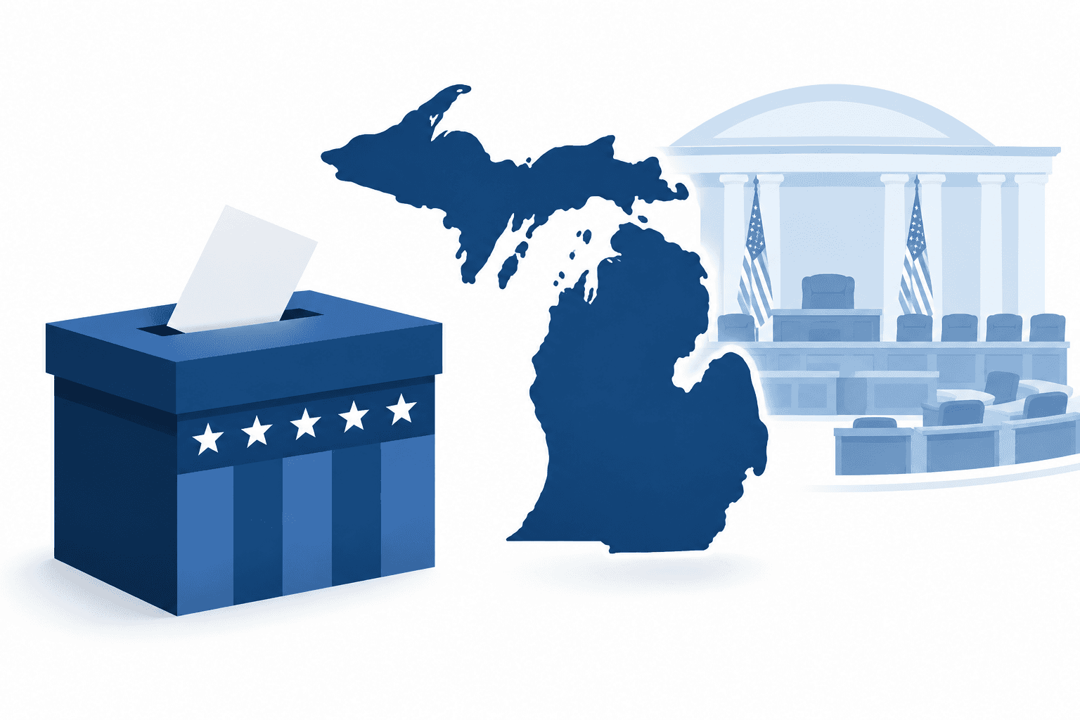 Illustration of a ballot box and Michigan silhouette representing the Michigan Senate race