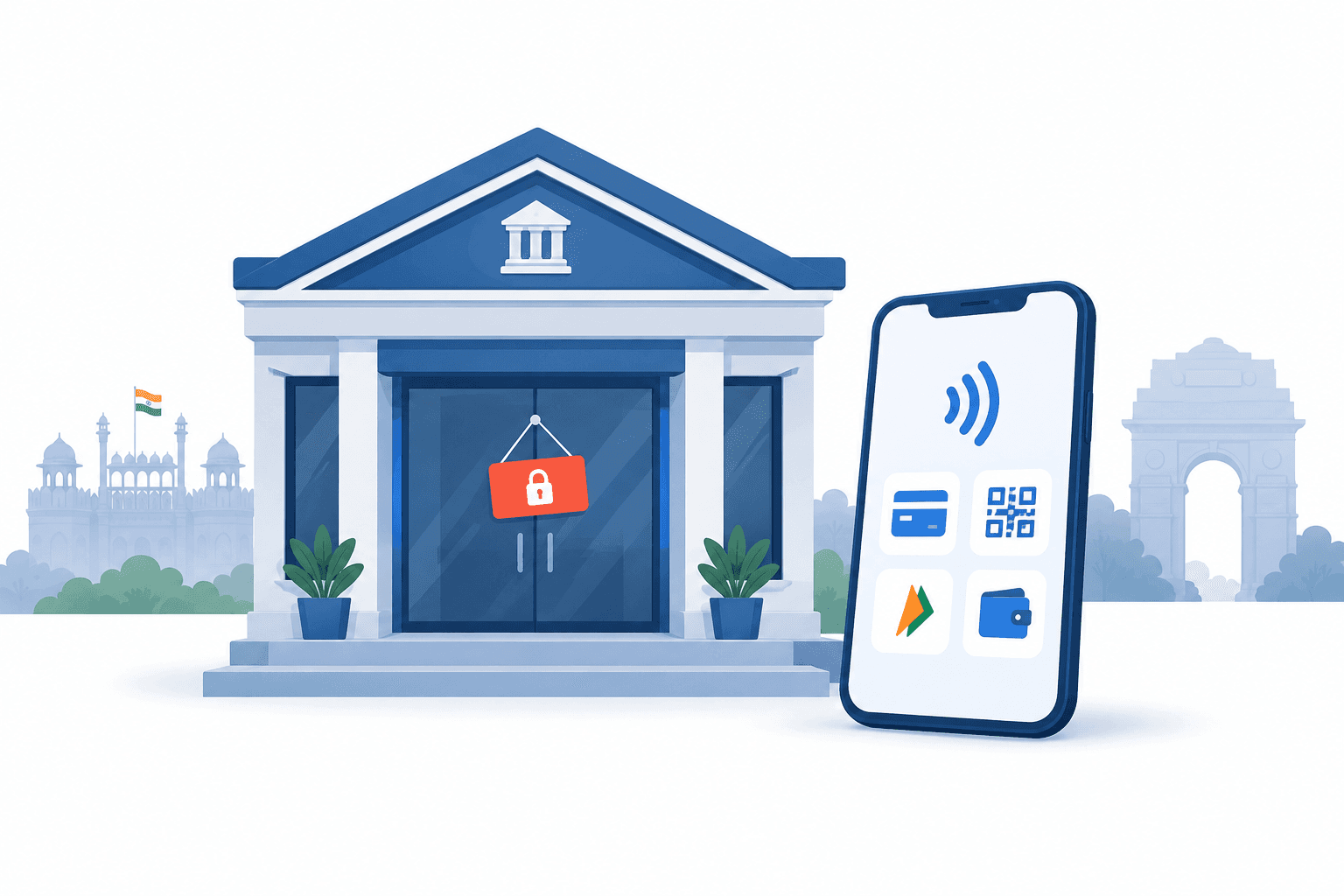 Illustration of a closed bank branch and digital payments for India bank holidays