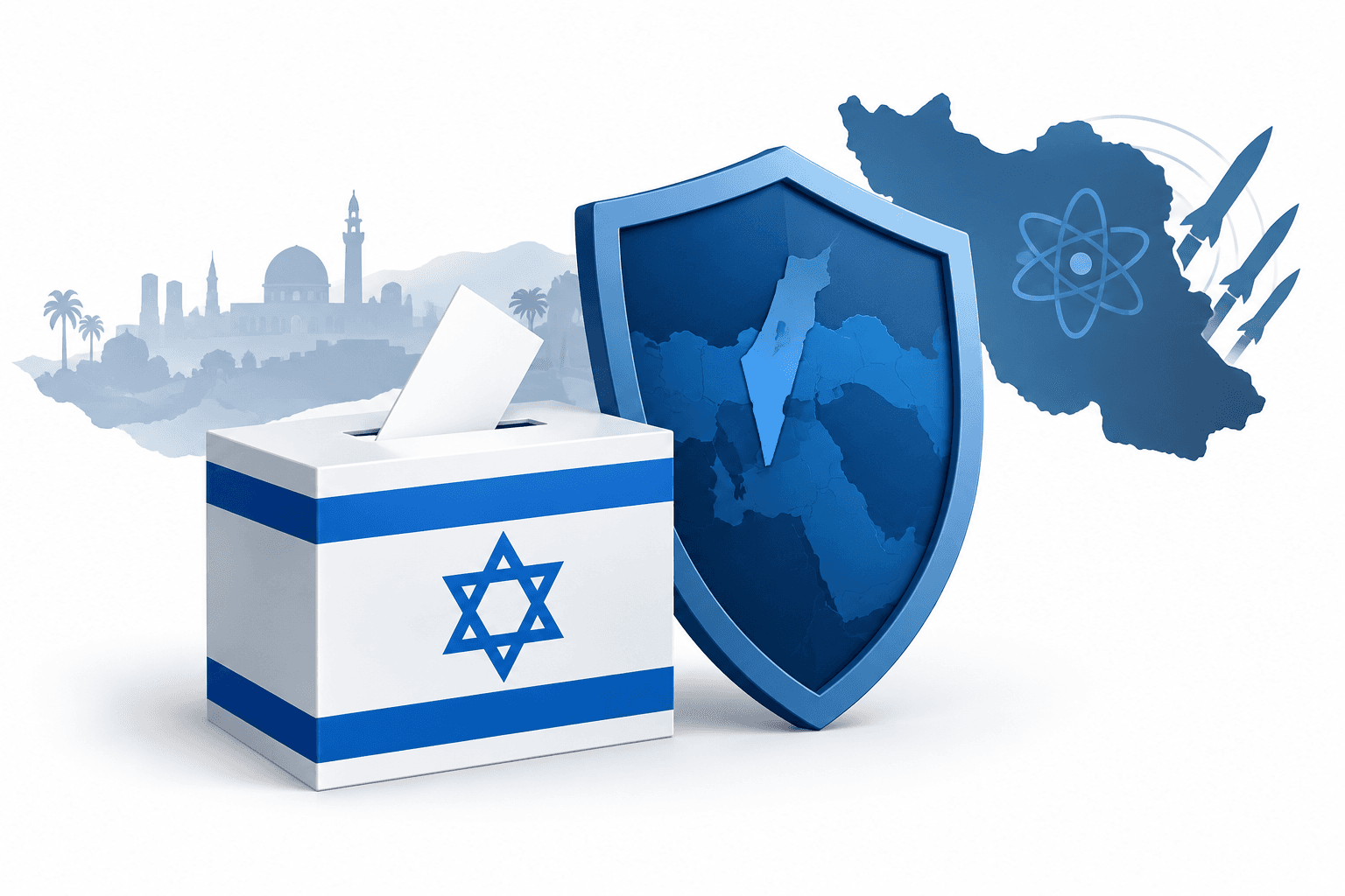 Illustration of a ballot box and protective shield representing the Israel election security warning