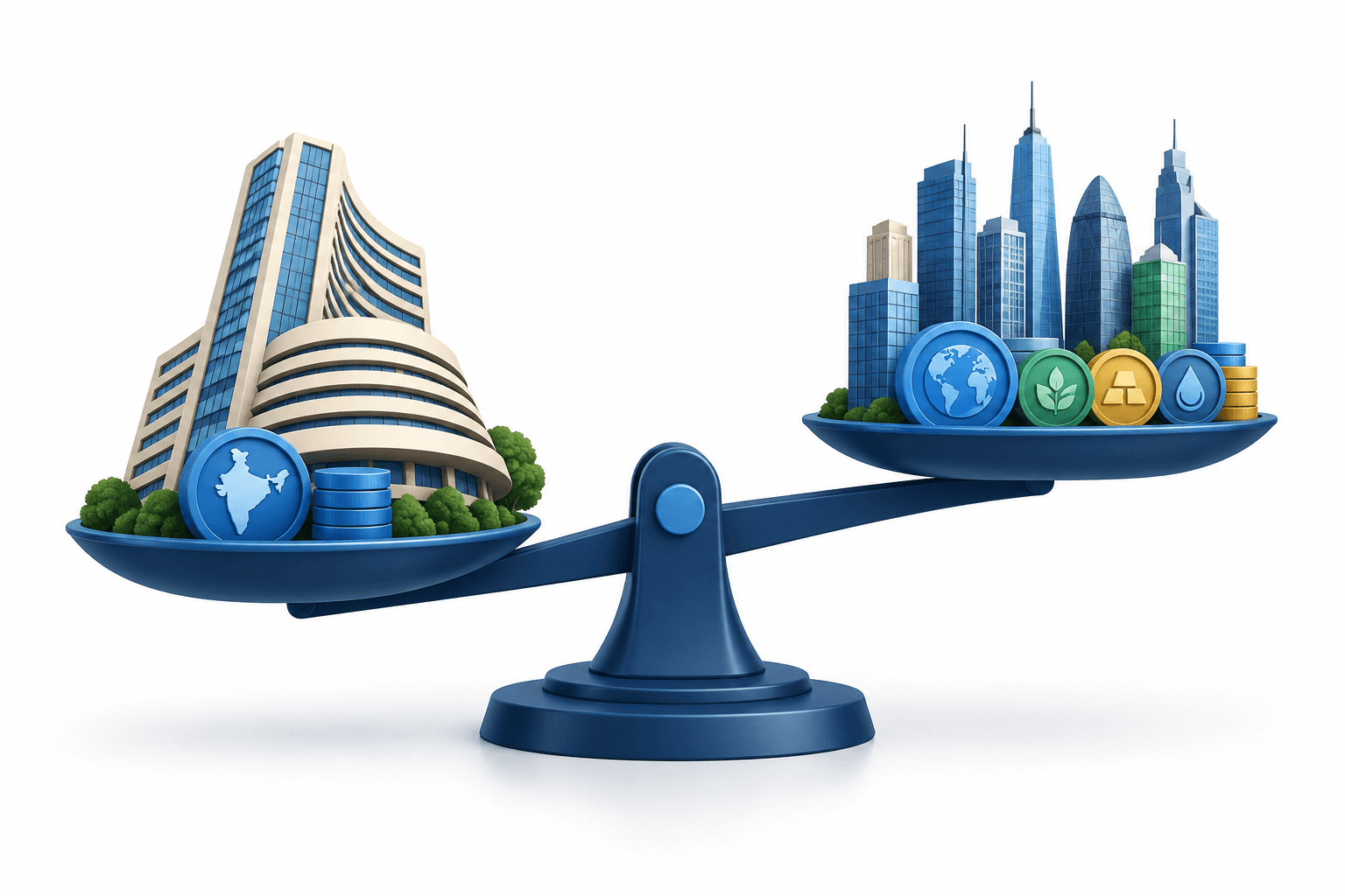 Illustration of India equity valuations compared with emerging markets on balance scales