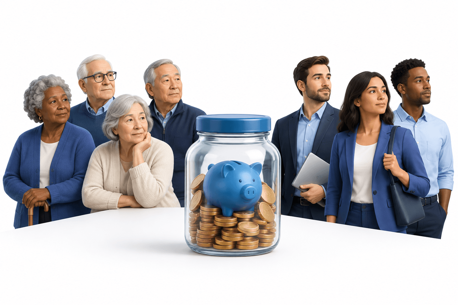 Illustration of Pension funds and an ageing population with a retirement savings jar