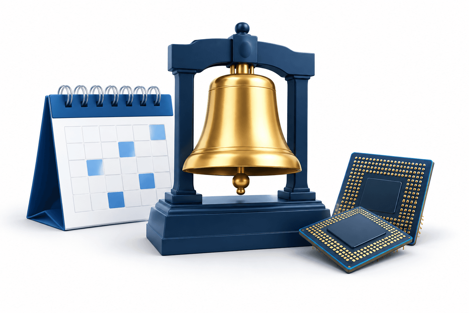Illustration of an exchange bell, calendar and chips representing the US stock market outlook.