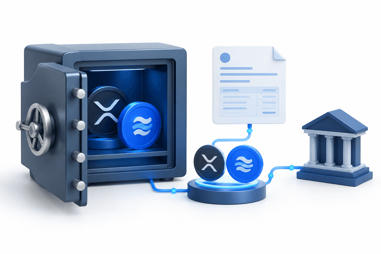 Illustration of BNY digital custody with a secure vault, digital tokens and an invoice settlement pathway