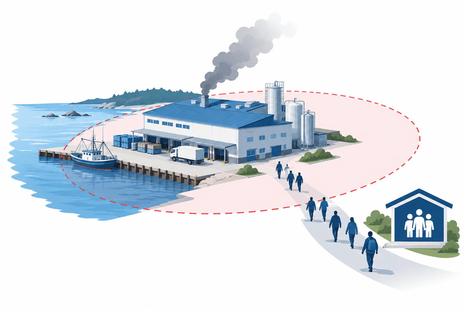 Concept illustration of the Newport plant fire and surrounding evacuation area