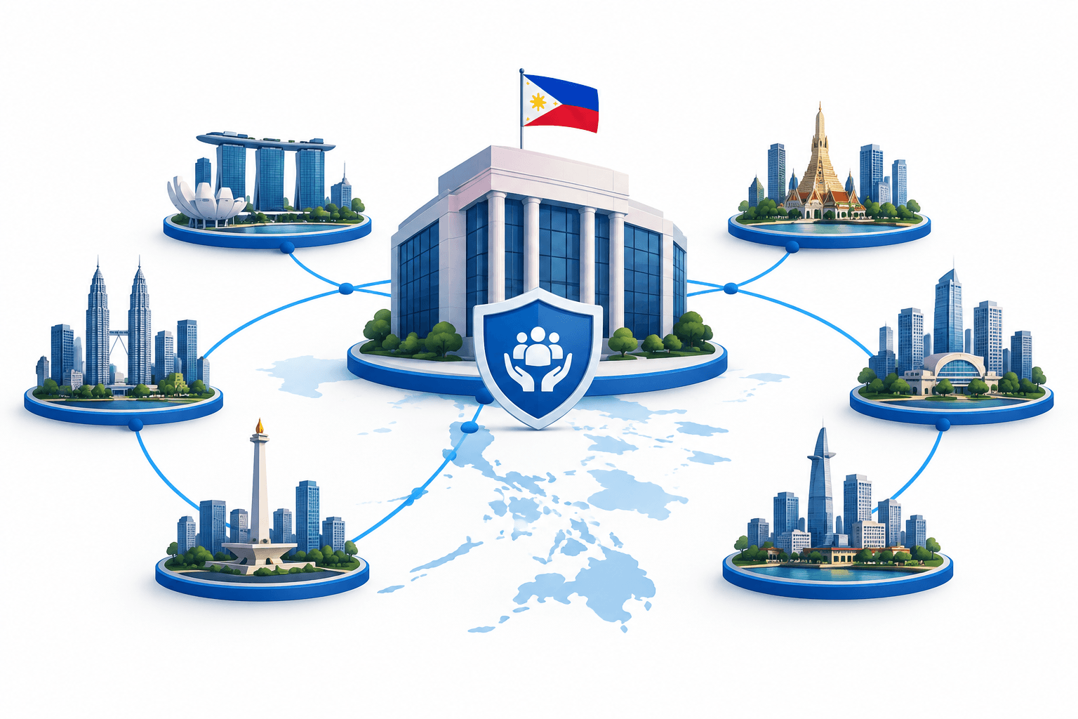 Illustration of the Philippine capital market connected to regional market hubs with an investor protection shield