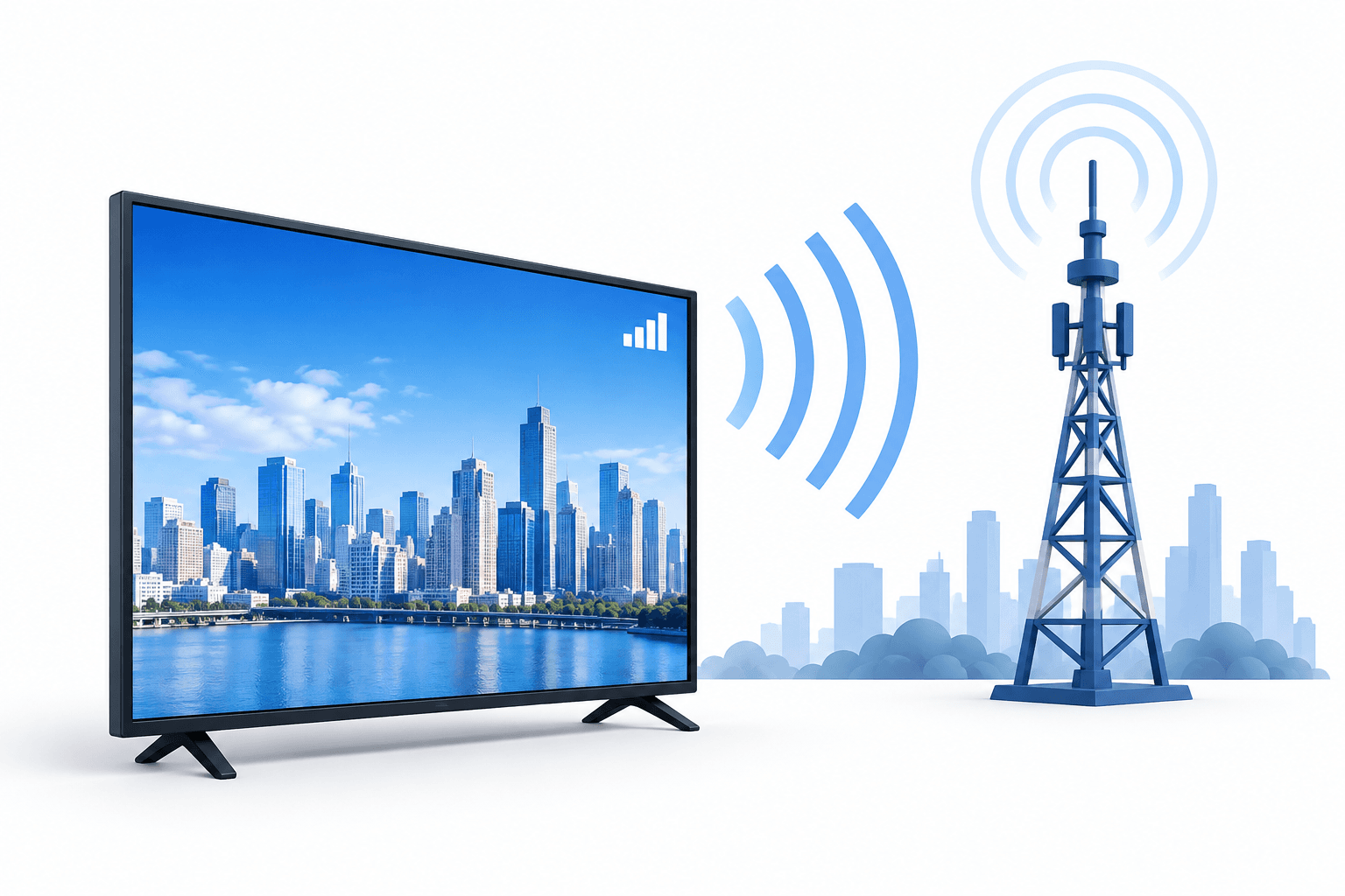 Illustration of a television and transmission tower representing the analog TV switch-off