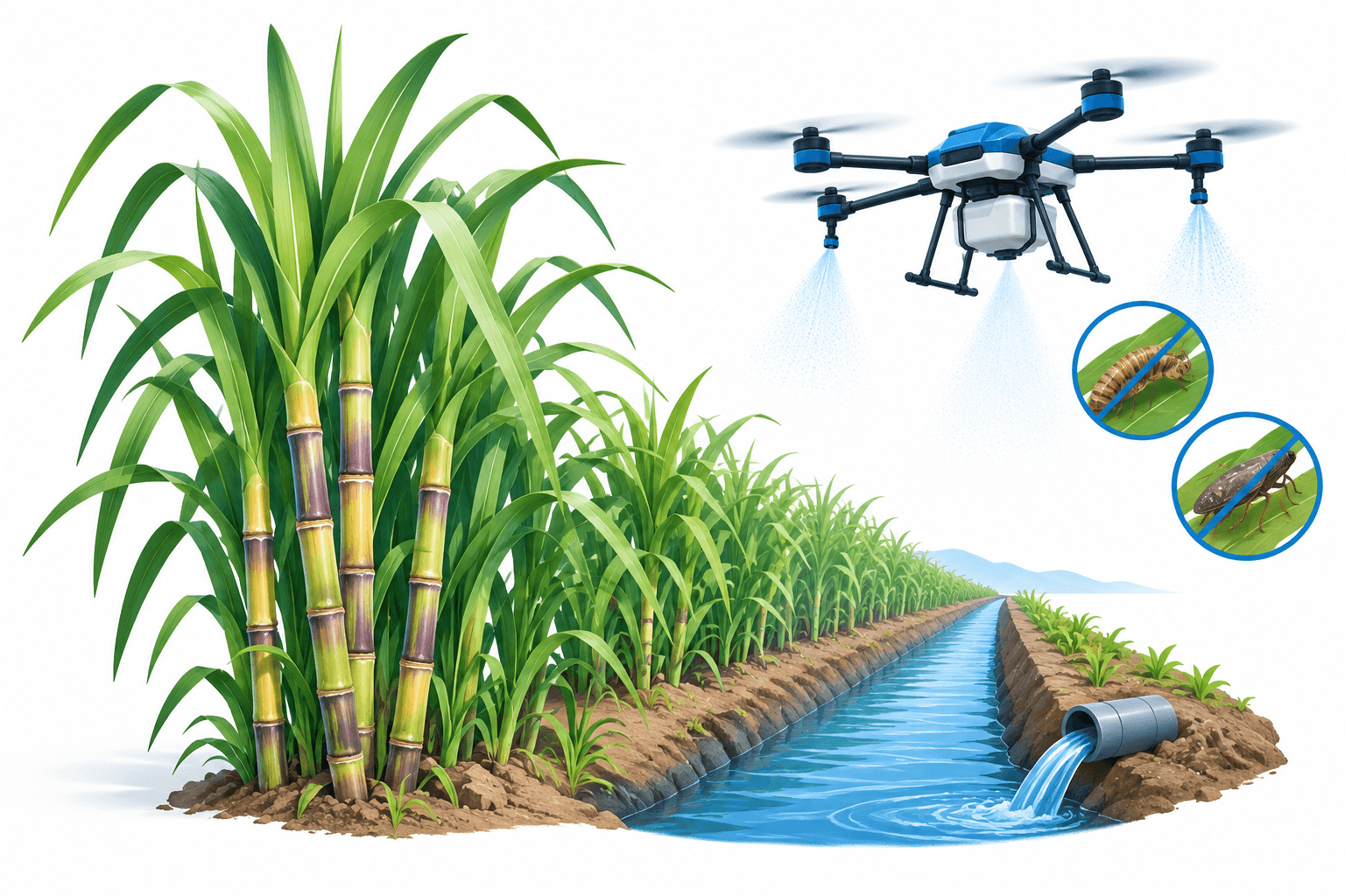 Illustration of sugarcane, irrigation and a drone representing Philippine sugar funding