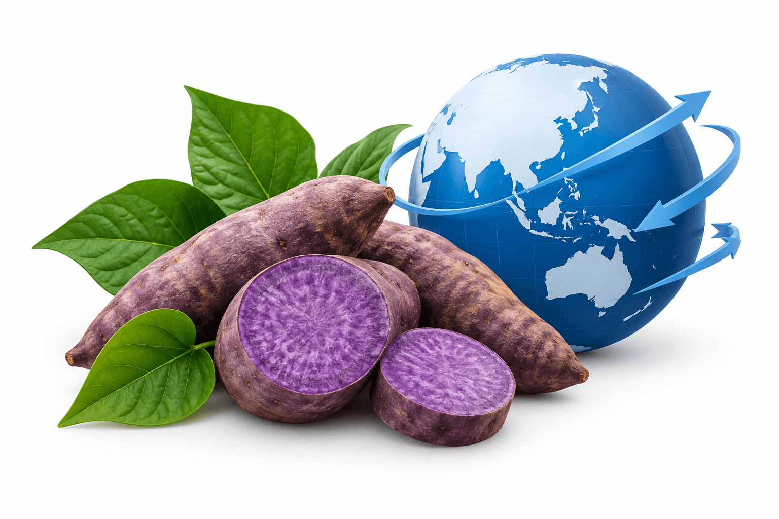Illustration of purple tubers and a globe representing Philippine ube production and overseas markets