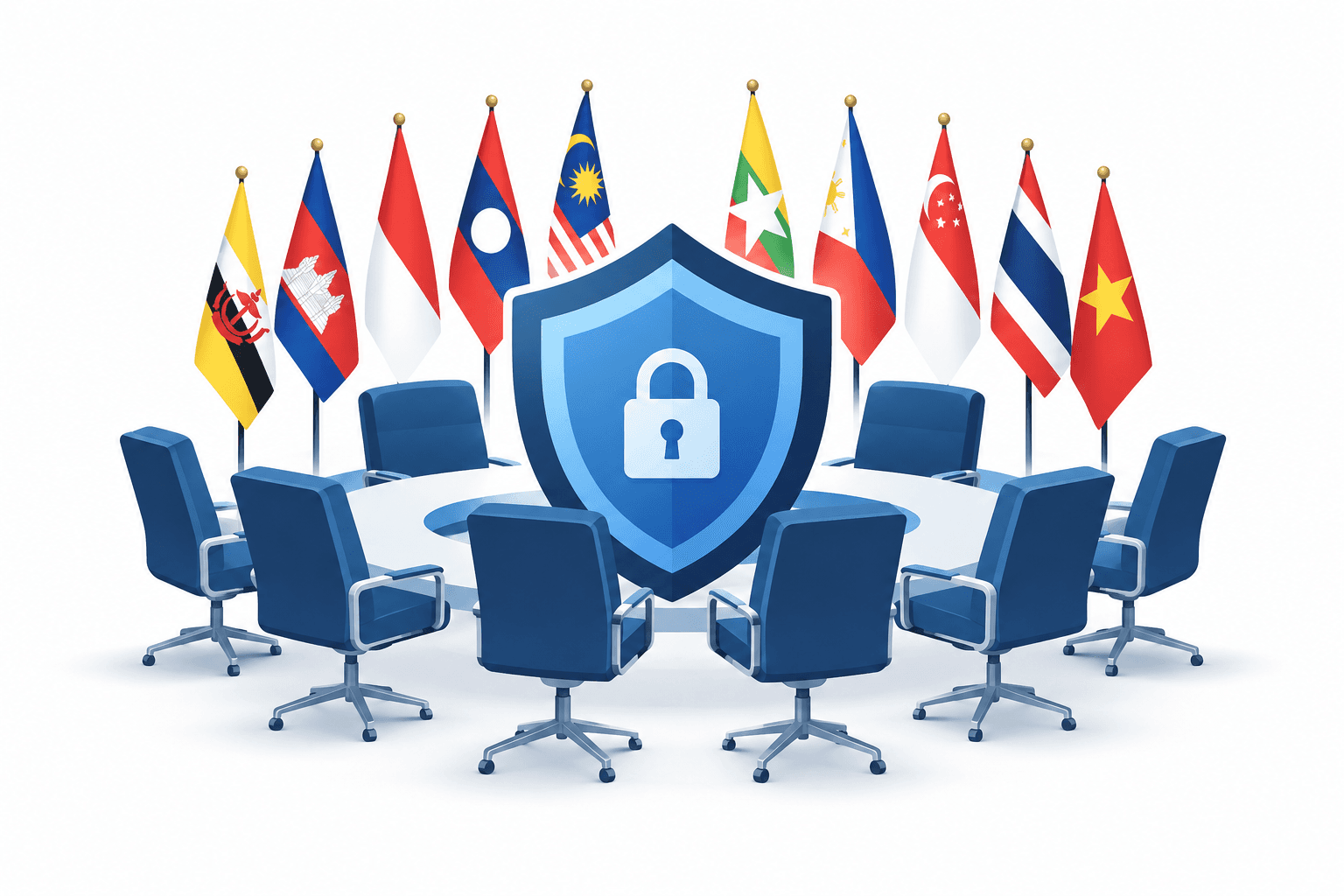 Illustration of a shield and meeting chairs representing ASEAN defense meeting security