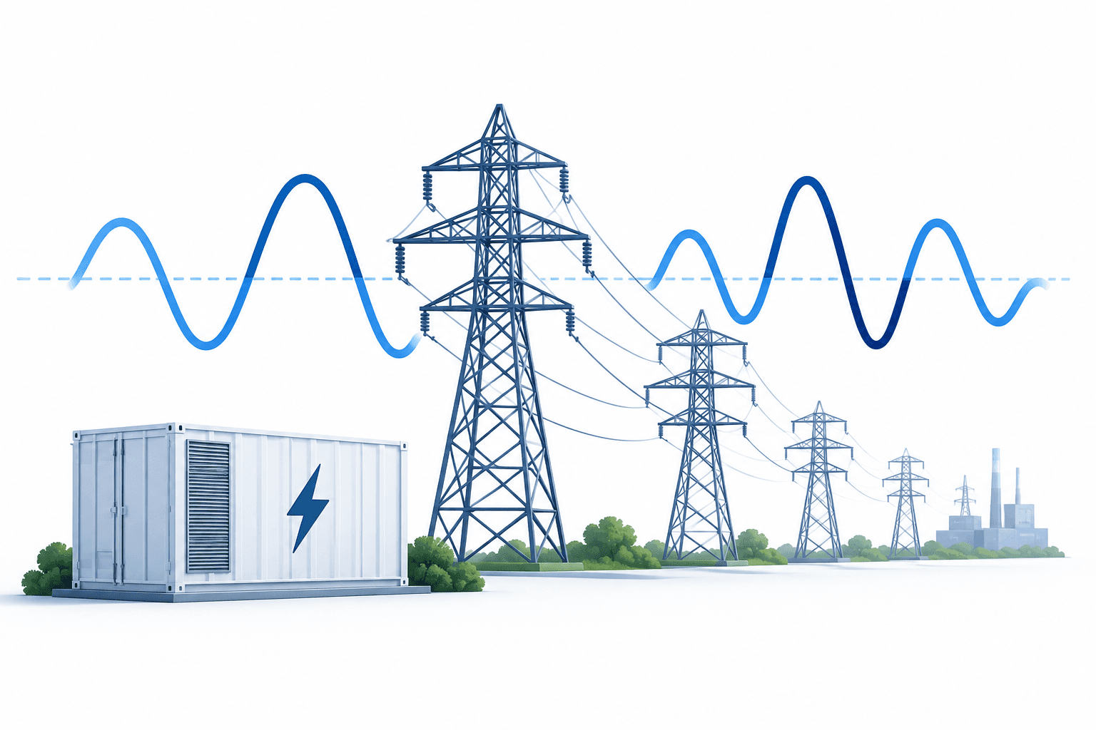 Concept illustration of India grid frequency with transmission towers and battery storage