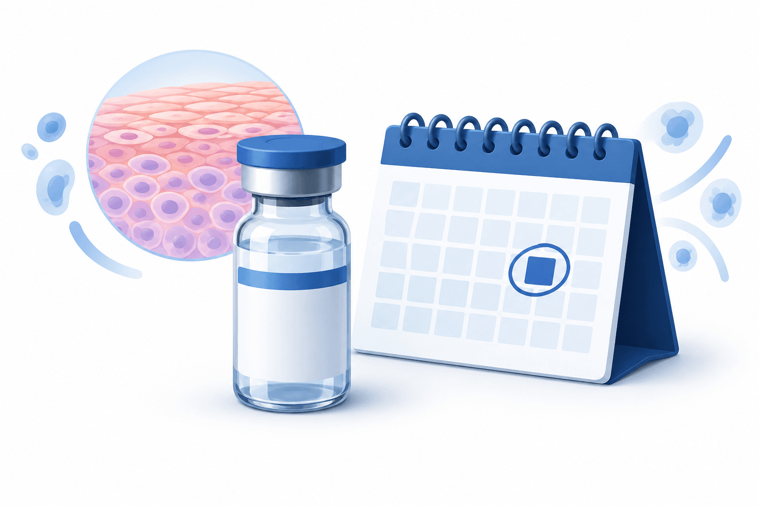 Illustration of a laboratory vial and calendar representing Oruka trial data