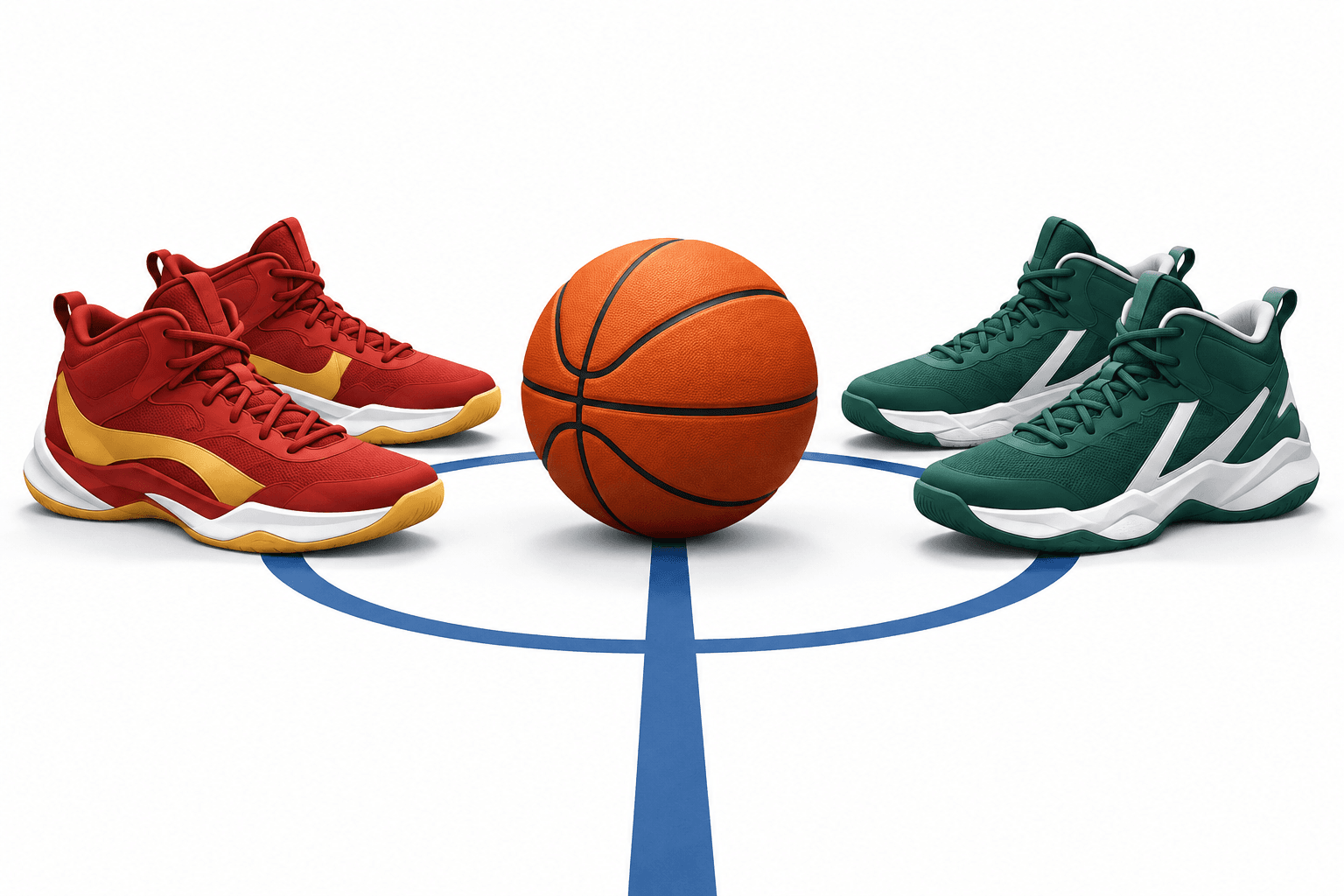 Illustration of a basketball and opposing shoes representing the Mapua basketball matchup