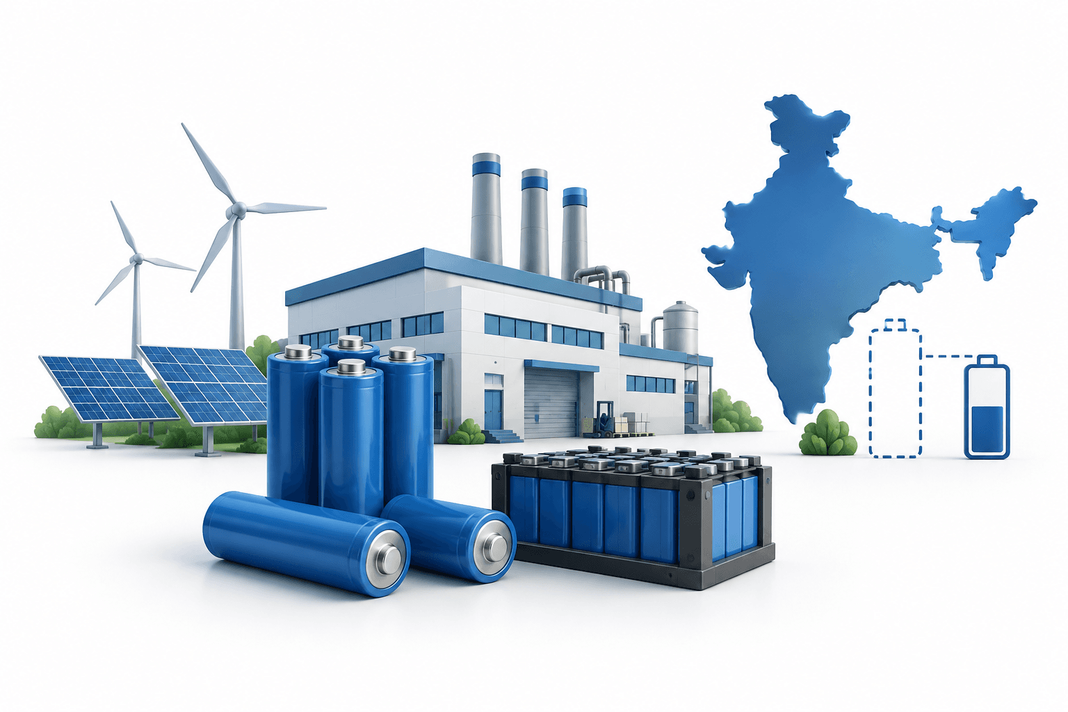 Concept illustration of India battery manufacturing with battery cells and a factory