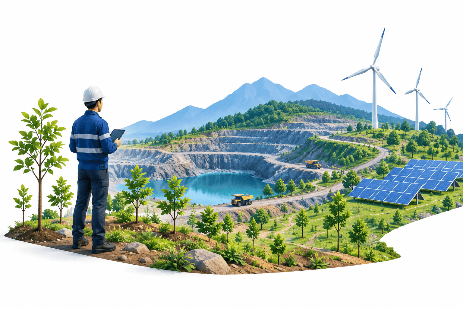 Illustration of land restoration and renewable energy representing the Nickel Asia awards