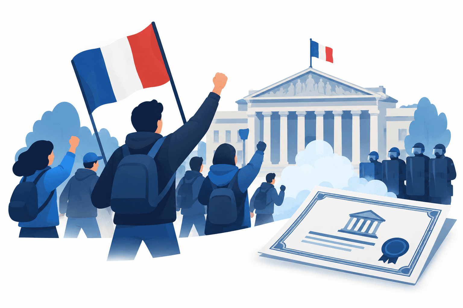 Concept illustration of France protests near a civic building and a government bond document