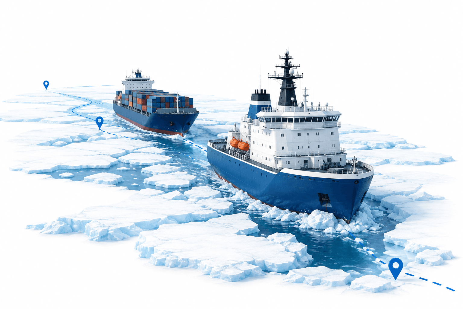 Illustration of a cargo ship following an icebreaker through the Northern Sea Route