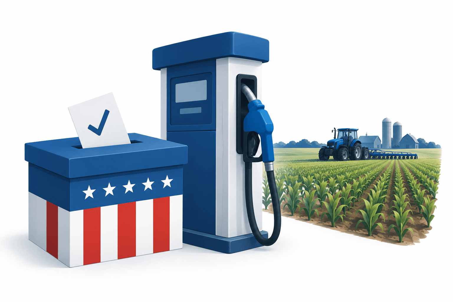 Illustration of a ballot box, diesel pump and farm field representing US midterm elections and fuel costs