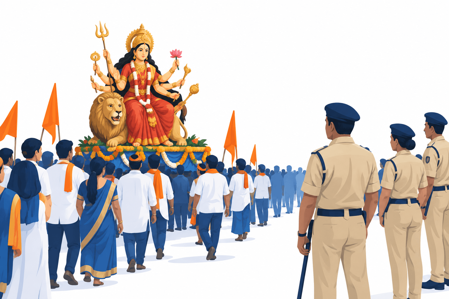 Illustration of a Durga idol procession and police presence representing the Hyderabad procession protest