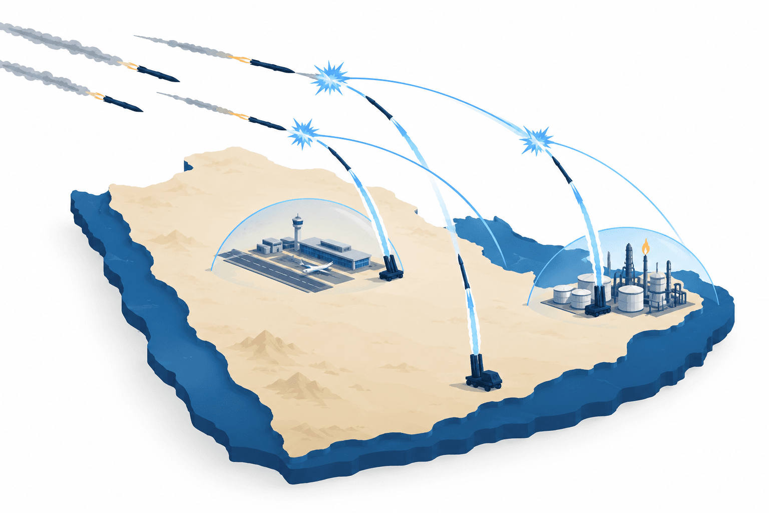Concept illustration of Saudi missile interceptions near an airport and oil facility