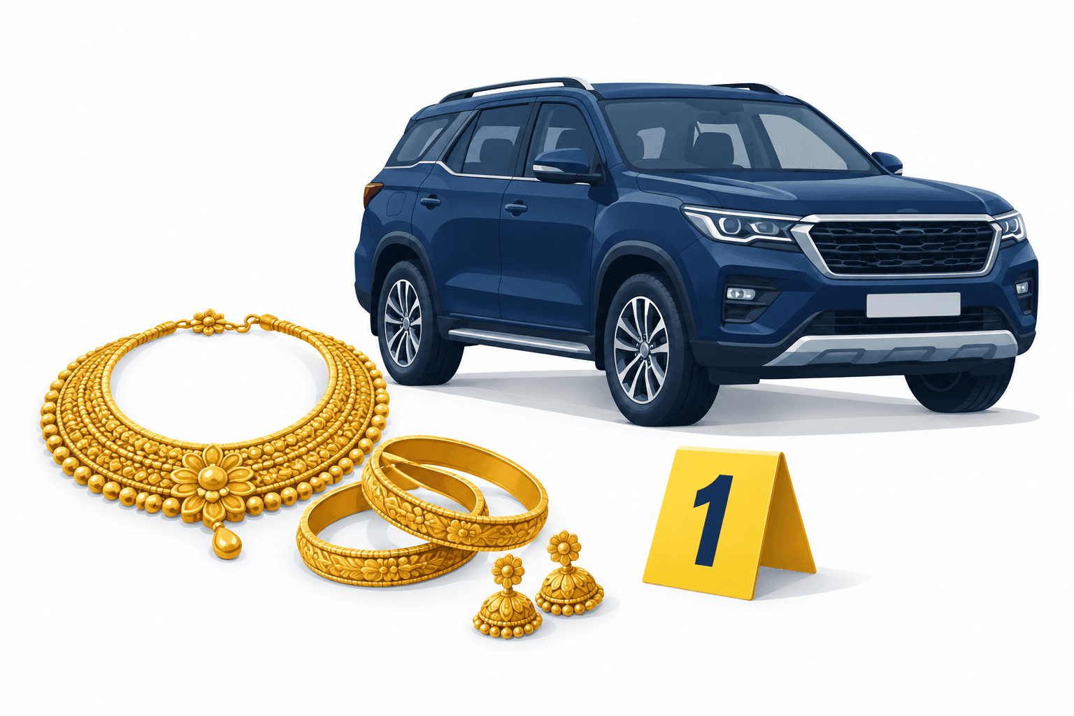 Illustration of jewellery and an SUV representing the Maharashtra gold theft investigation