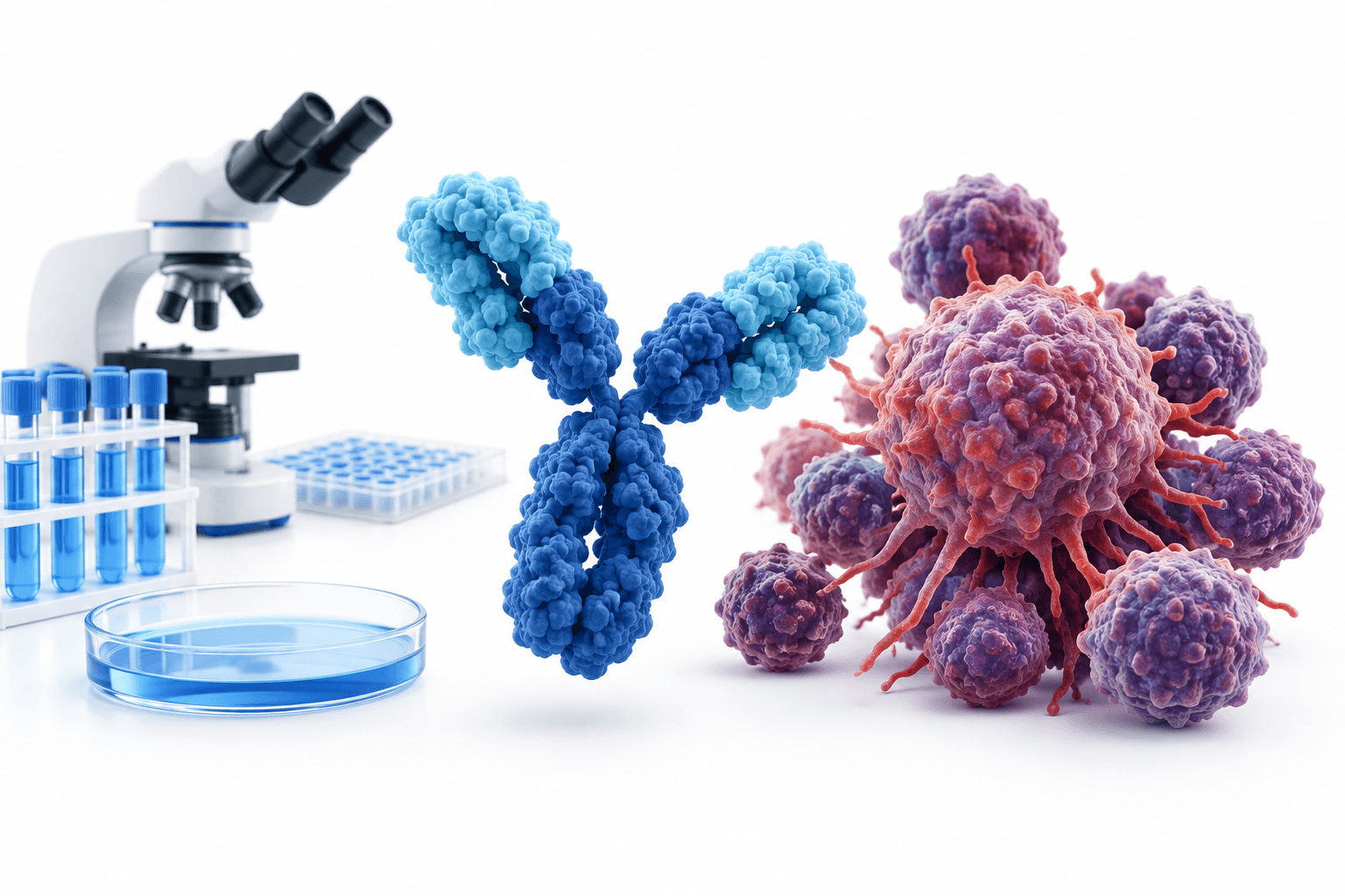 Concept illustration of an antibody and cancer cells for the Givastomig trial